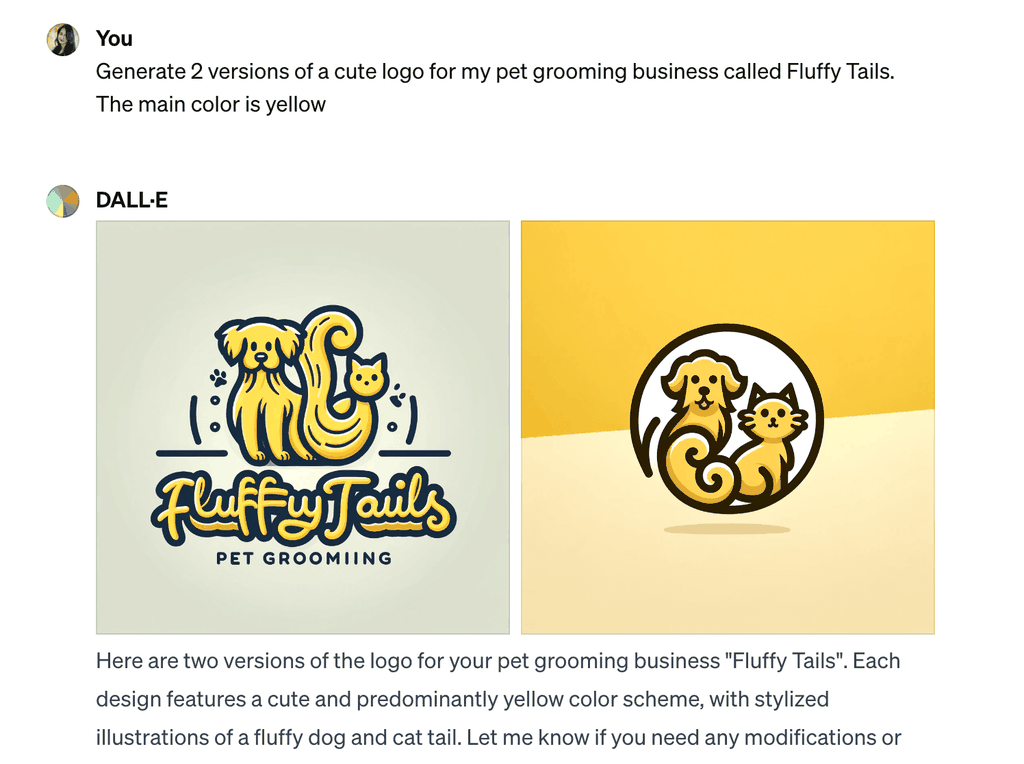 Screenshot of ChatGPT prompt to generate logos for a pet grooming business.