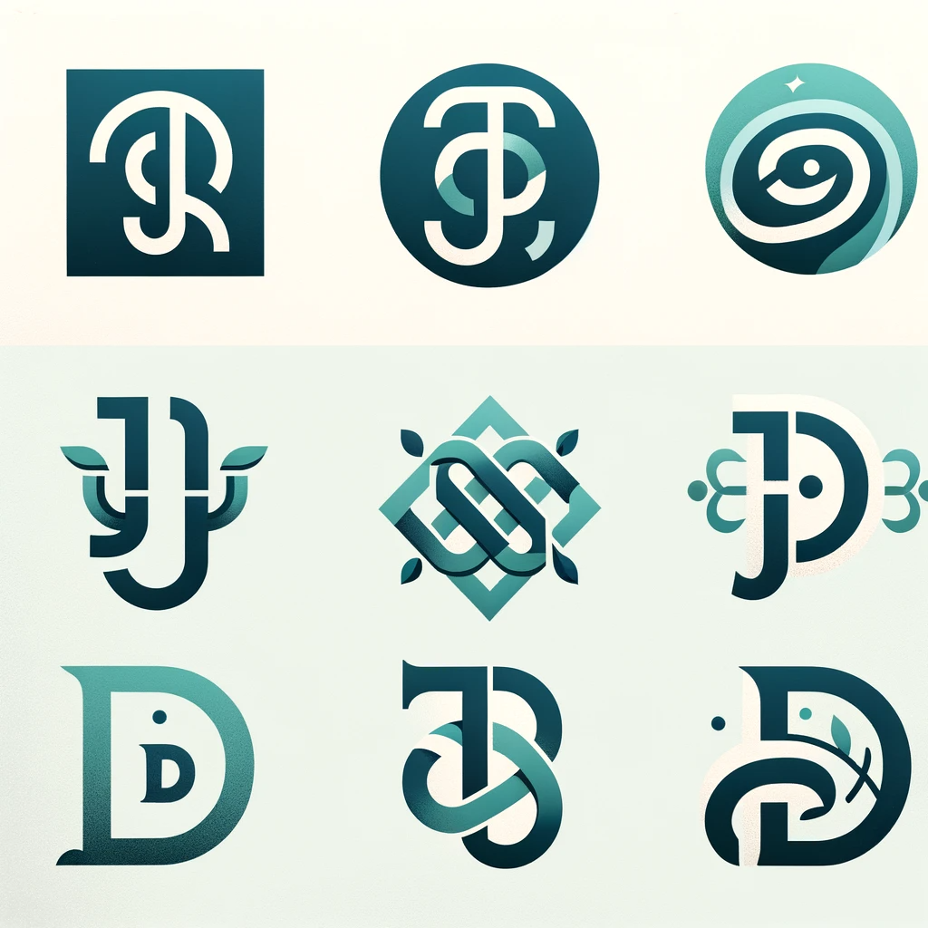 Three by three row of teal letter-based logos generated via ChatGPT