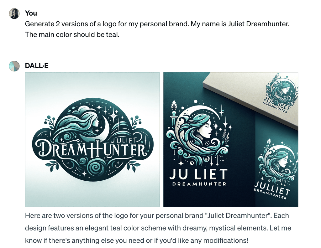 Screenshot of ChatGPT message window with prompts to create a logo for a personal brand.