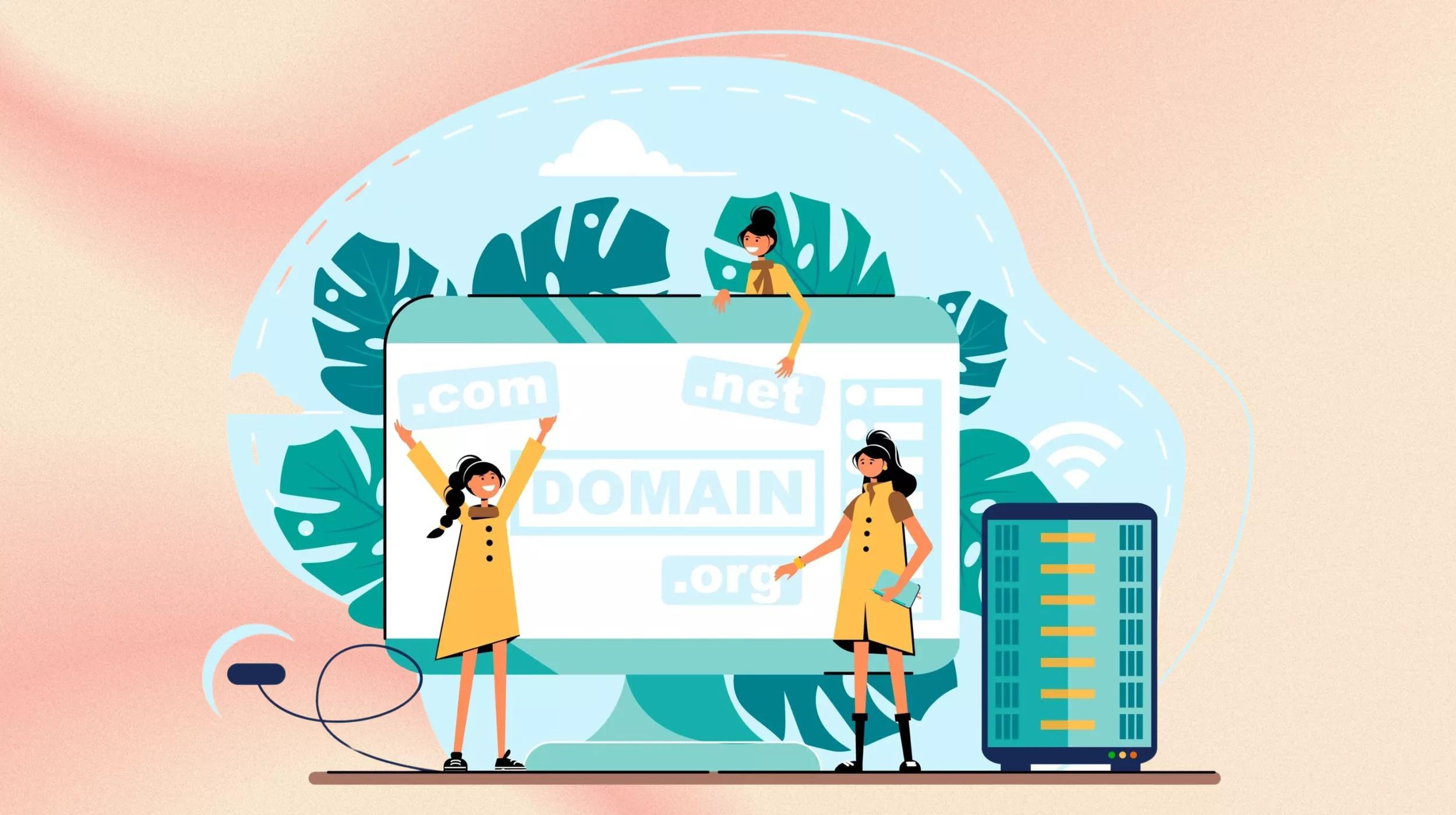 A colorful illustration featuring three characters interacting with a large display board that reads "DOMAIN" with ".com", ".net", and ".org" listed above. One character is sitting on top of the board, another is pointing to it, and the third stands beside it holding a smartphone. In the background, there are stylized foliage and a globe, indicating a global connection theme. To the right, a server rack symbolizes technology and data storage, with a Wi-Fi symbol hovering above it, suggesting internet connectivity. The overall image conveys concepts related to web domains, internet infrastructure, and global communication.