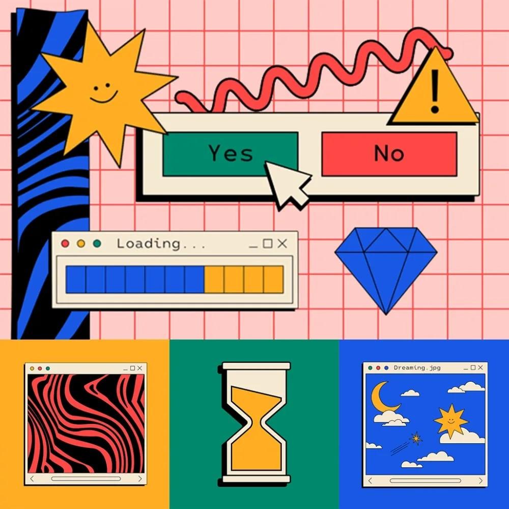 A colorful, abstract collage featuring digital and hand-drawn elements. There is a smiling cartoon sun next to a zigzagging line and a warning triangle. Below, a cursor hovers over a green "Yes" button, next to a red "No" button. A progress bar window reads "Loading..." with a blue fill indicating progress. There's a diamond shape to the right. The bottom section shows three stylized window panes: one with red and black wavy lines, another with an hourglass, and the third depicting a nighttime scene with a moon, stars, and a sun. The background is a grid pattern, pink on the top and green on the bottom