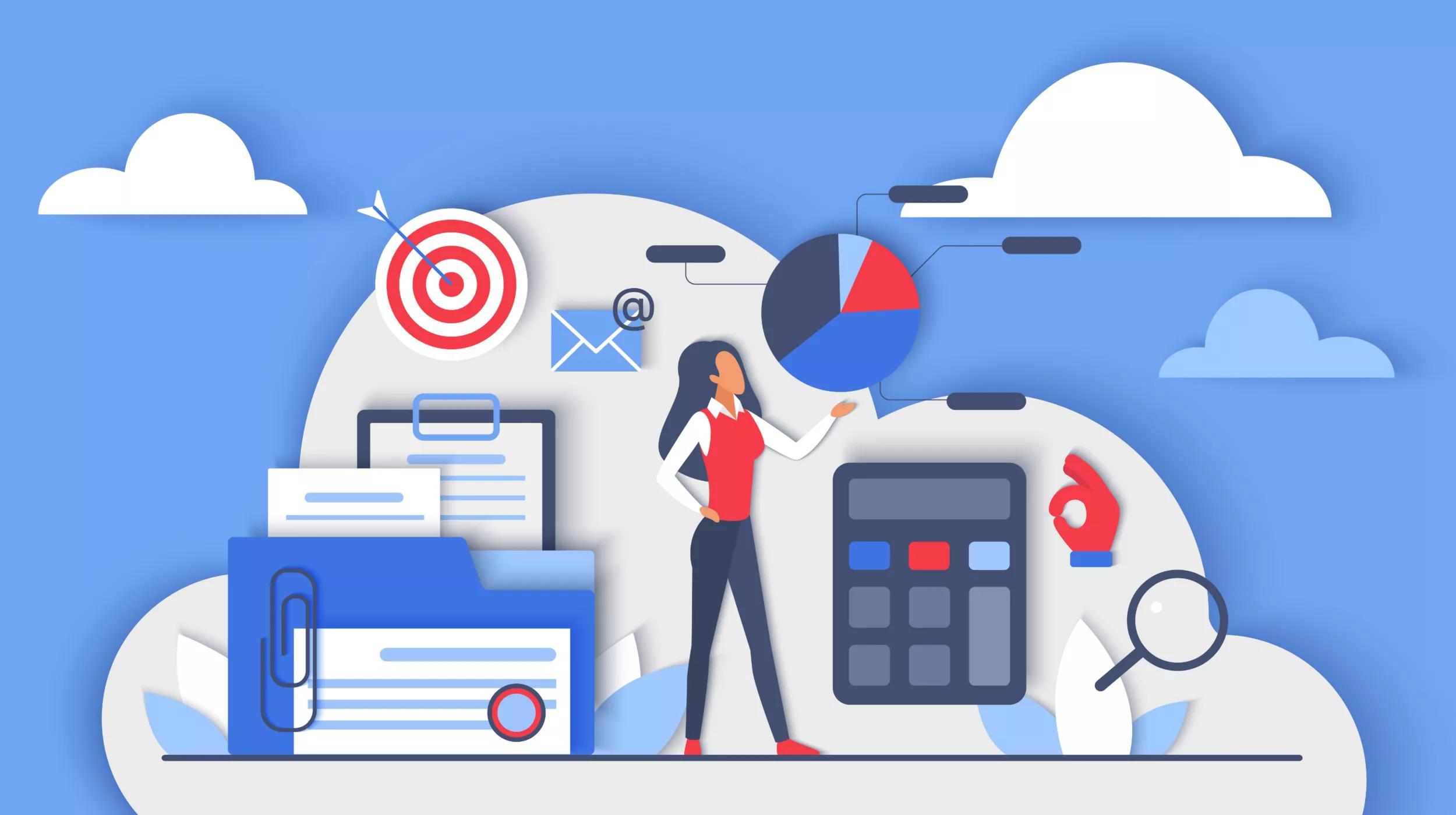 A digital illustration depicting a business analytics concept. There's a stylized female figure pointing at a pie chart, surrounded by various business and analytical symbols such as a target with a dart, email icon, clipboard, calculator, magnifying glass, and documents, all set against a blue background with white and blue clouds.