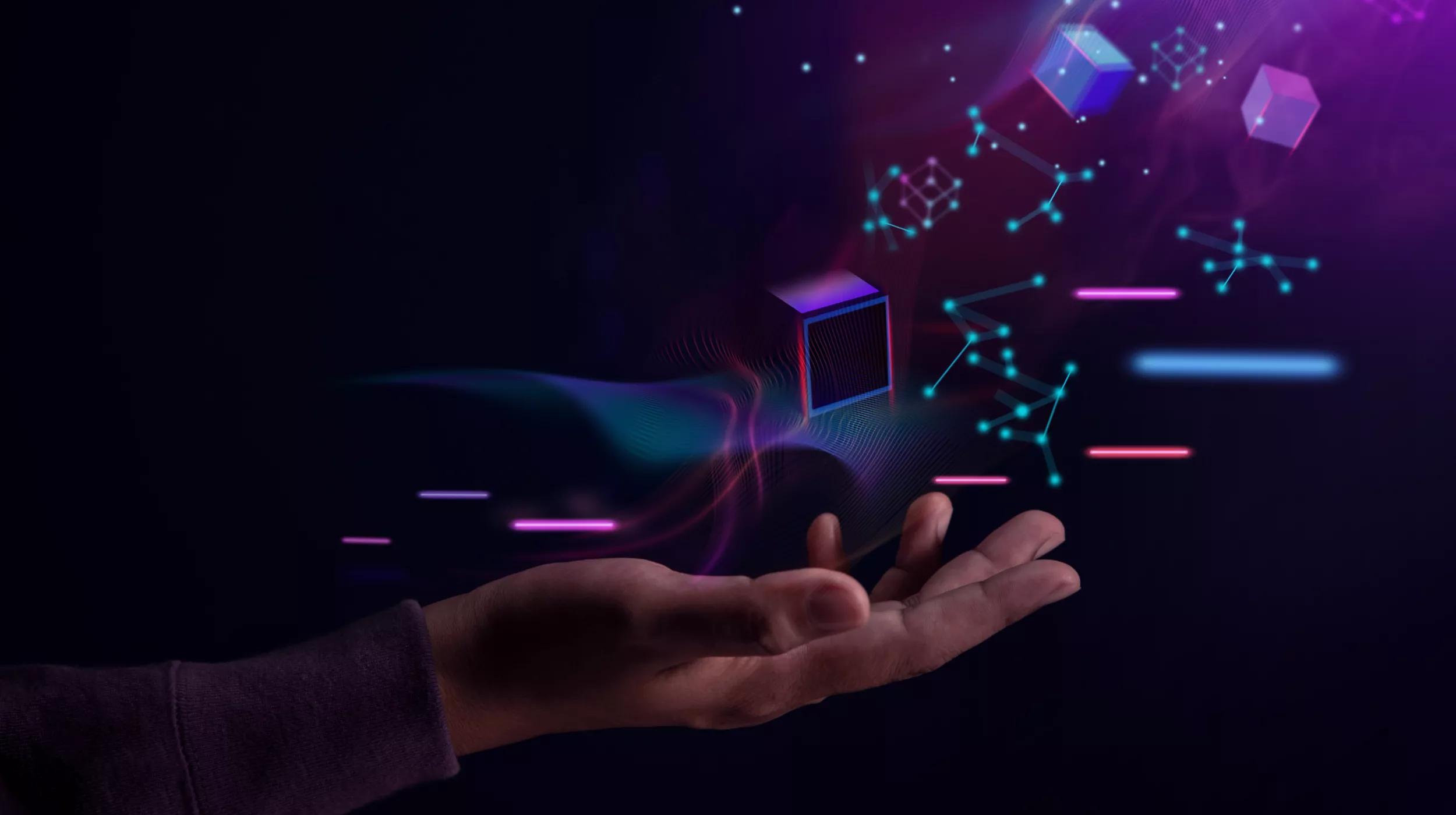 A person's hand is extended towards floating, glowing geometric shapes and lines in a digital representation, suggesting a futuristic or virtual reality interface. The scene is set against a dark background, emphasizing the vibrant neon colors of the abstract shapes