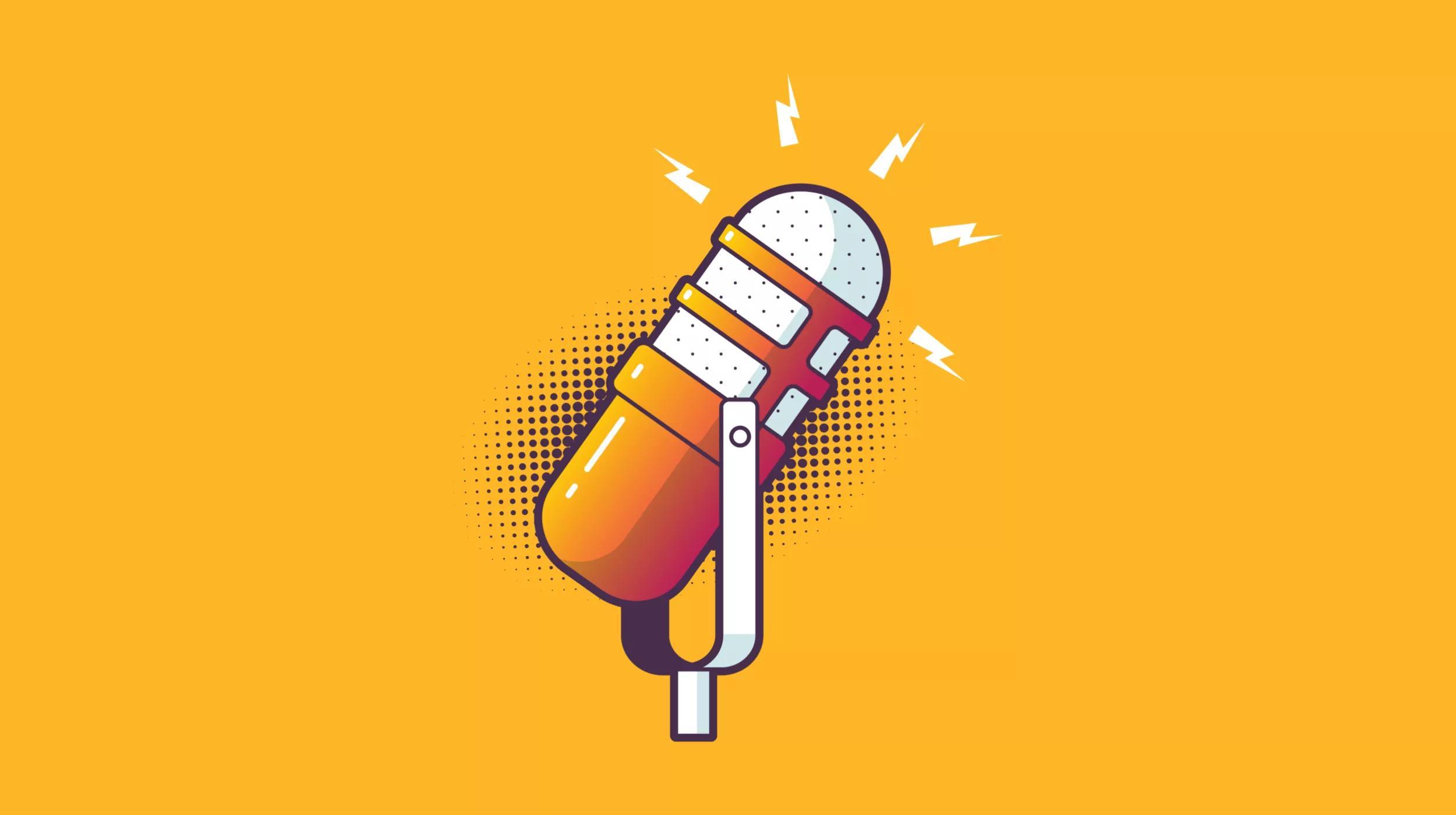 A stylized illustration of a microphone with a radiant effect against a vibrant orange background. The microphone is depicted with a classic silver grille on top of an orange body, and white highlights suggest a reflection, giving the image a dynamic and energetic feel.