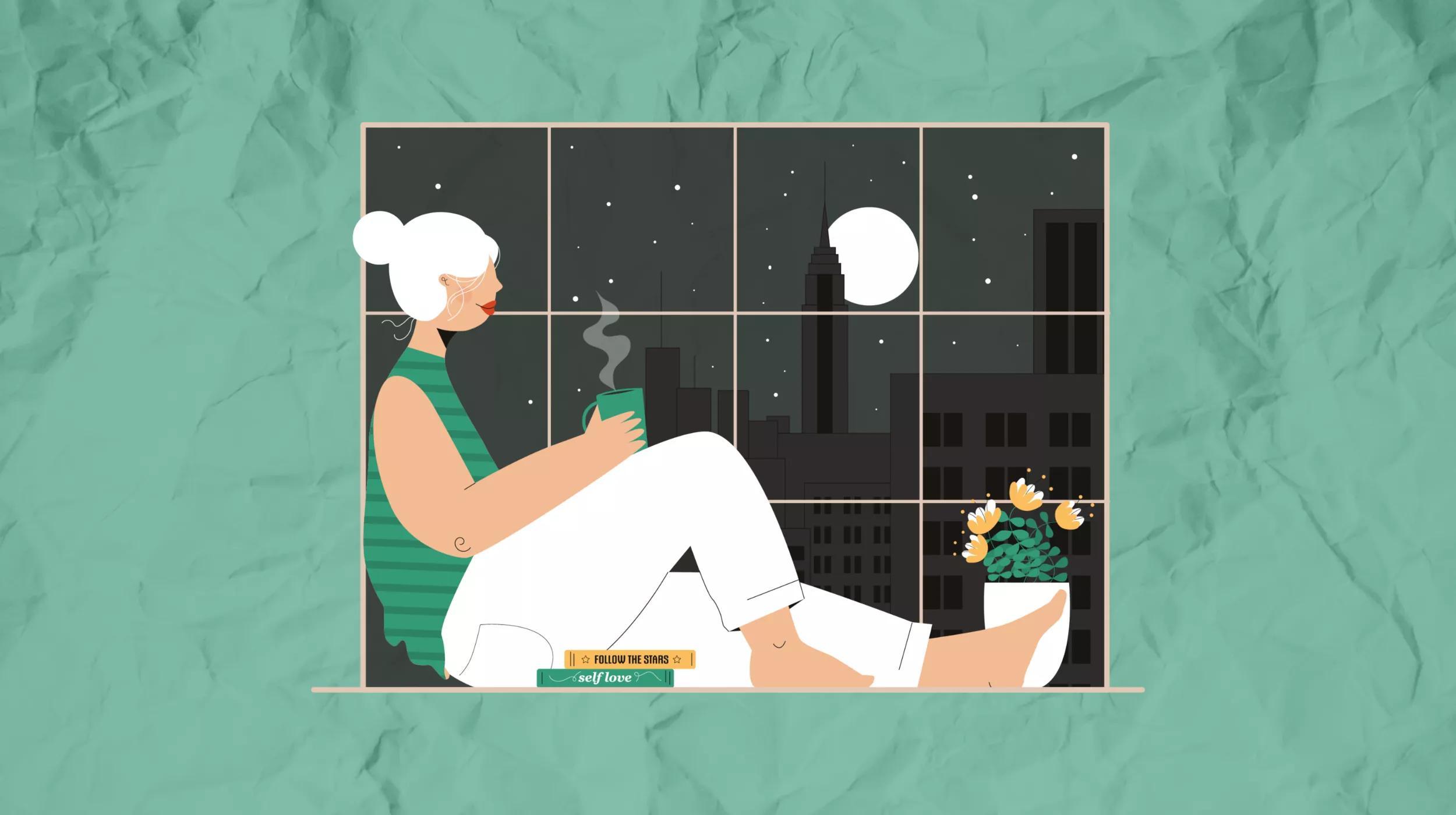 A stylized illustration of a woman sitting by a large window at night. She has white hair styled in a bun and wears a green striped tank top with white pants. The woman is holding a cup with steam rising from it, suggesting a warm beverage. She appears to be in a contemplative mood, gazing out at the cityscape with buildings silhouetted against a dark blue starry sky. A crescent moon is visible in the night sky. Beside her on the windowsill is a potted plant with yellow flowers. In the foreground, there are two phrases: "FOLLOW THE STARS" and "self-love," indicating themes of introspection and self-care. The overall mood of the illustration is calm and reflective.