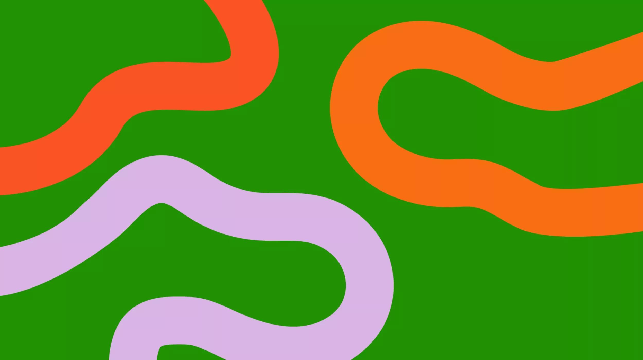 An abstract image with a vibrant green background, featuring three undulating ribbons in red, orange, and purple. The ribbons are arranged in a way that creates a sense of movement across the canvas
