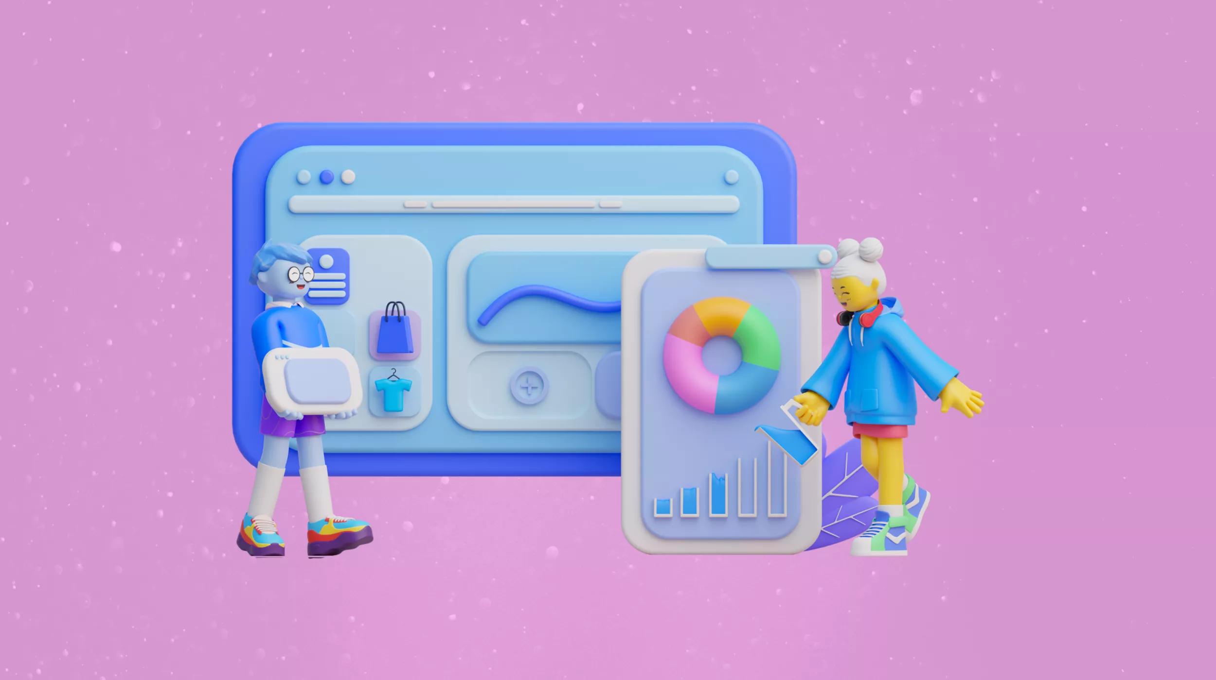A stylized 3D illustration featuring two cartoon-like characters in a digital environment. On the left, a blue character with glasses and a white messenger bag stands in front of a large blue web browser window with simplistic icons. To the right, a yellow character wearing a blue jacket and headphones reviews a large, vertical smartphone displaying colorful graphs and a pie chart. The background is a textured pink surface, suggesting a playful and tech-oriented theme.