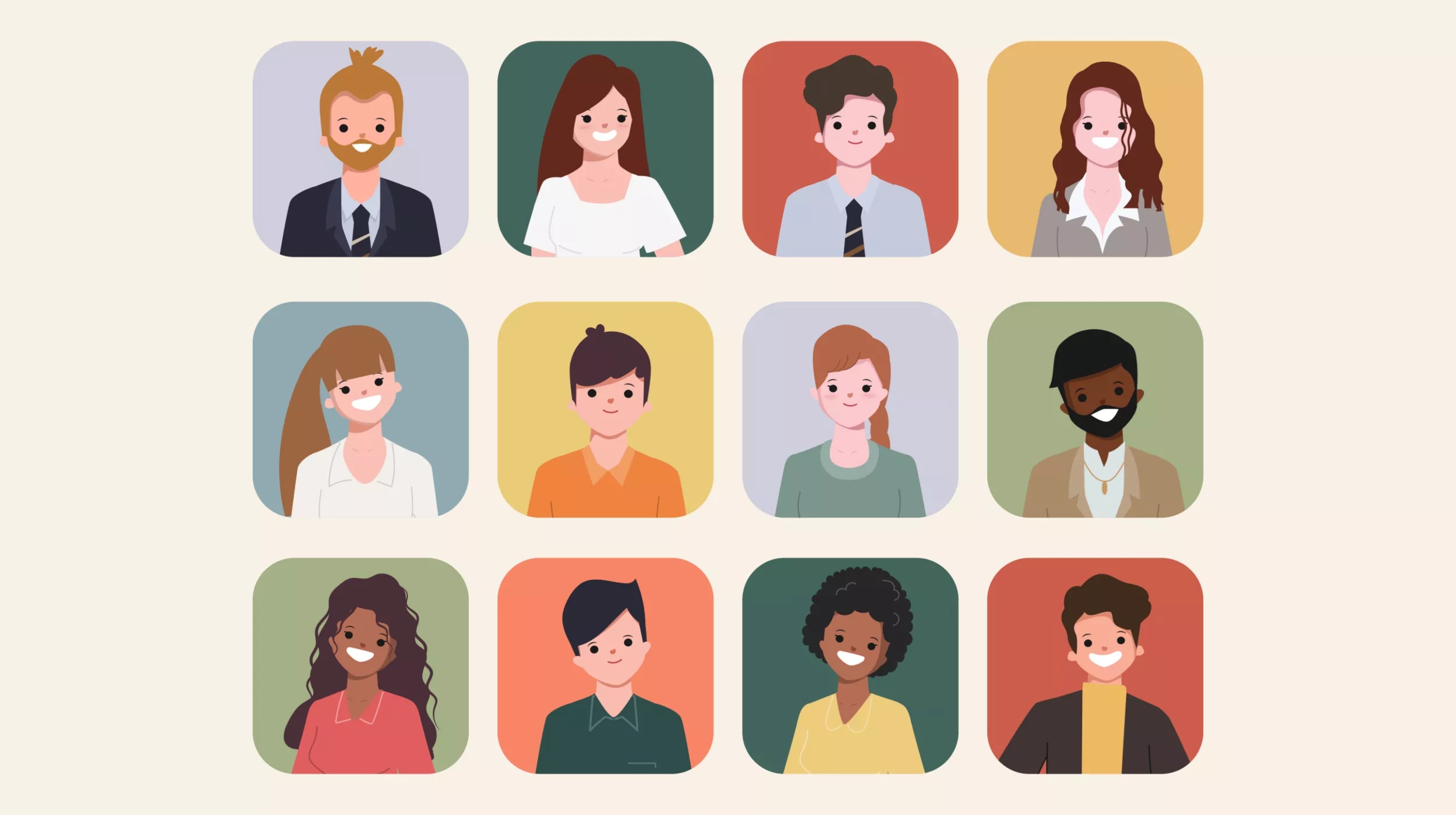 A grid of twelve illustrated avatars featuring diverse individuals with unique hairstyles, skin tones, and clothing styles. Each avatar has a friendly, smiling expression, set against colorful backgrounds.