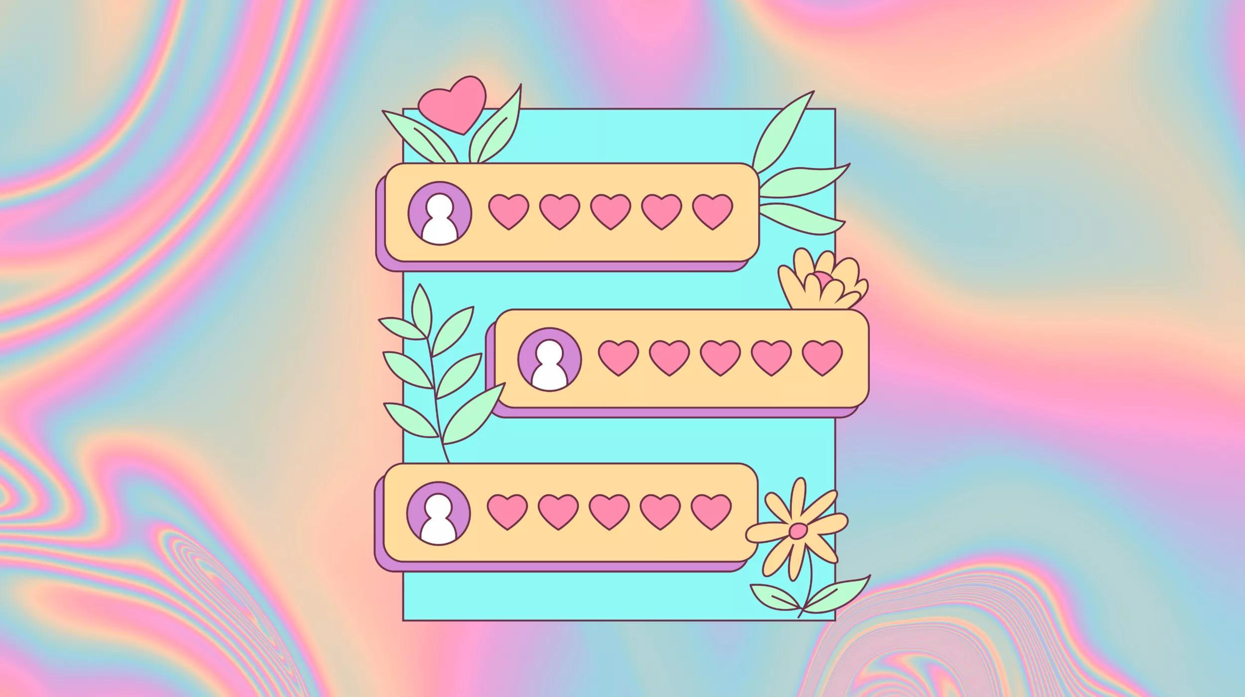 A colorful digital illustration featuring three stylized, pastel-colored platform sections against a psychedelic, swirling pink and blue background. Each platform section has a user icon followed by a row of five pink hearts, suggesting a social media interface with a feedback concept