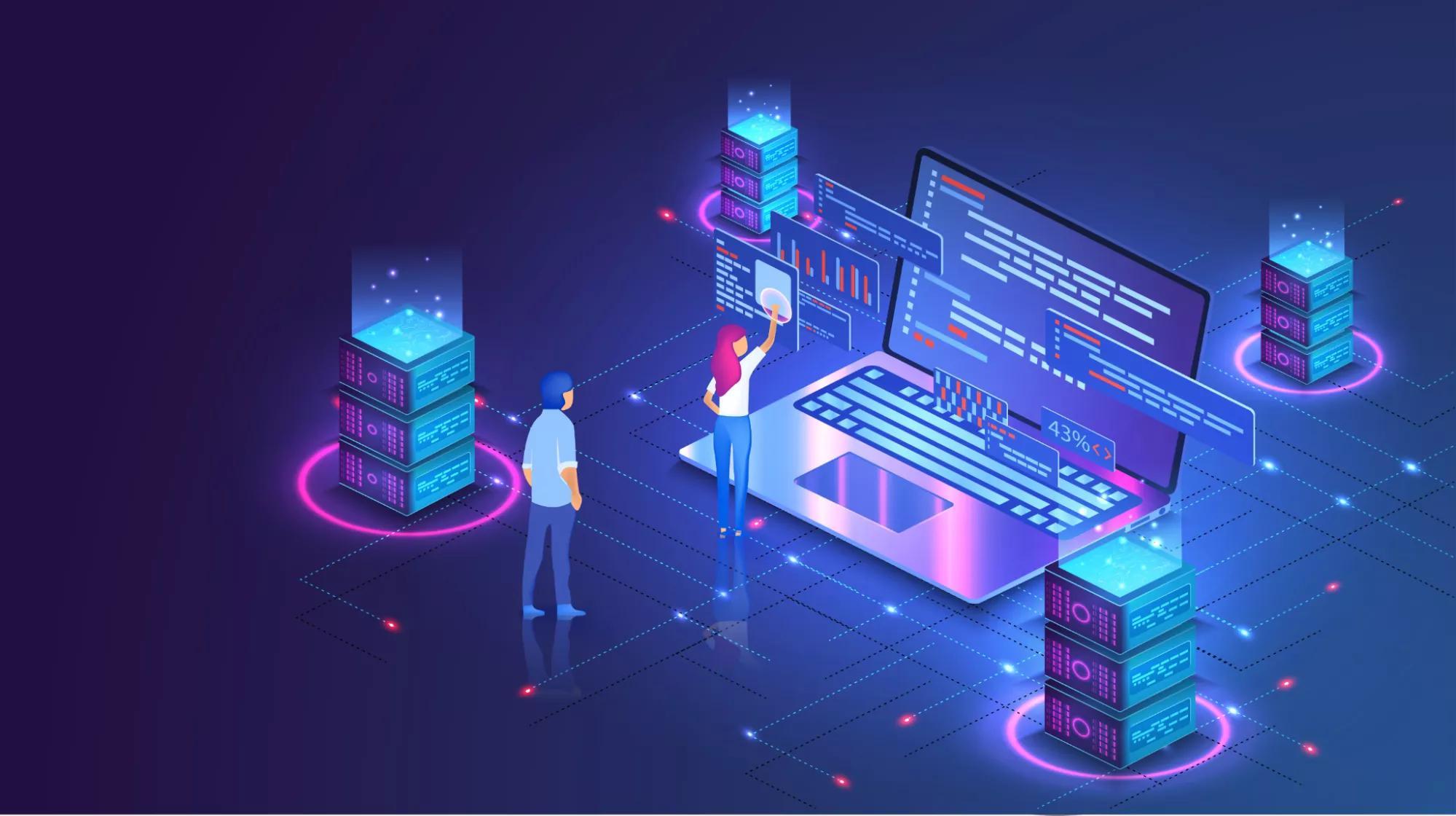 An isometric illustration depicting two individuals interacting with a futuristic, digital data analysis environment. There are glowing, neon server racks and floating holographic displays showing graphs and code, against a dark blue background. The setting suggests an advanced technology concept, likely representing data processing, cloud computing, or a data center with a user interface.