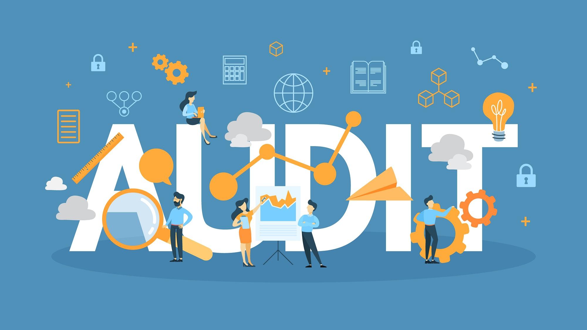 An illustrative concept image featuring the word "AUDIT" in large letters with various business-related icons and small cartoon figures of people engaging in different activities around and on the letters. The icons include a lock, cloud, calculator, document, and lightbulb, symbolizing security, cloud computing, accounting, documentation, and ideas, respectively. The people are depicted analyzing data, presenting a chart, and interacting with gears, suggesting teamwork and analysis in a business audit process. The overall color scheme is blue and orange with a flat design style.
