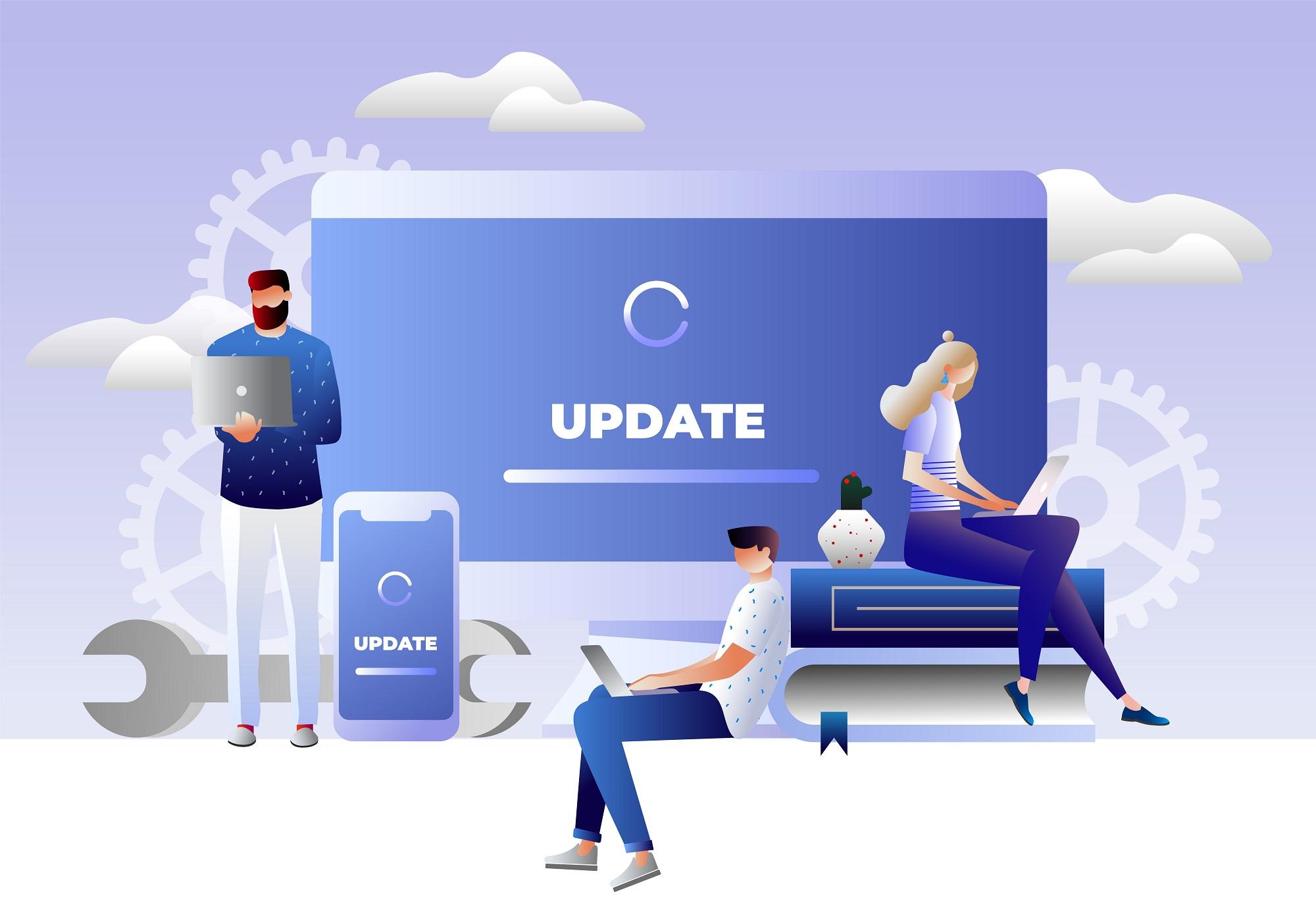 A stylized illustration featuring three people interacting with devices amidst large icons symbolizing a software update. A man stands on the left holding a laptop, a woman sits in the center on a cushion using a laptop, and another man sits on the right with a laptop on his knees. In the background, there is a large screen and a smartphone, both displaying the word "UPDATE" with a loading symbol, set against a backdrop of abstract gears and clouds, suggesting a theme of technology and progress