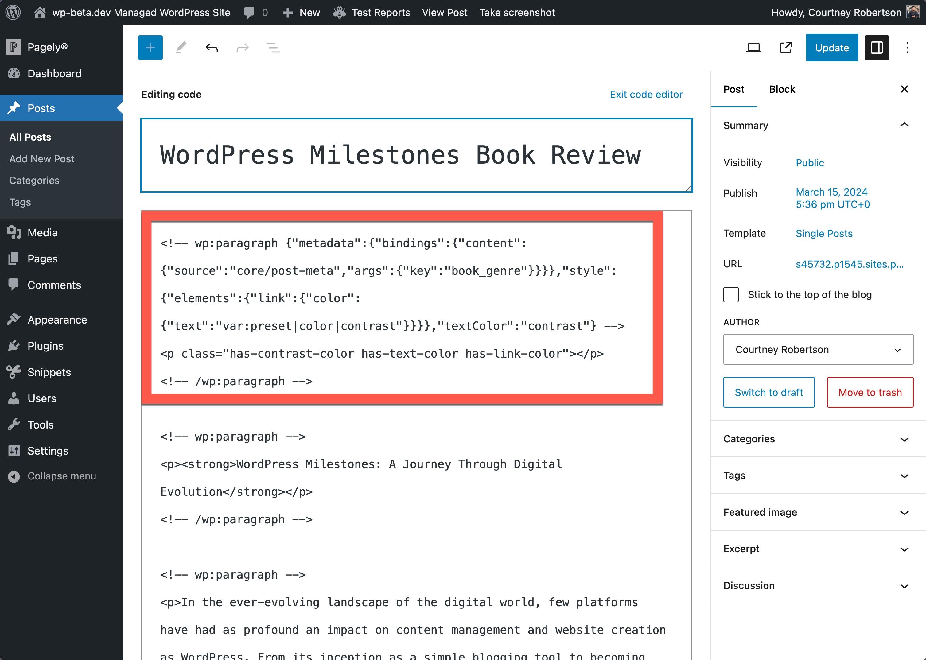 WordPress post editor in code editor view. At the top is the code needed to display the custom field with a red box appearing around it to demonstrate where it belongs.