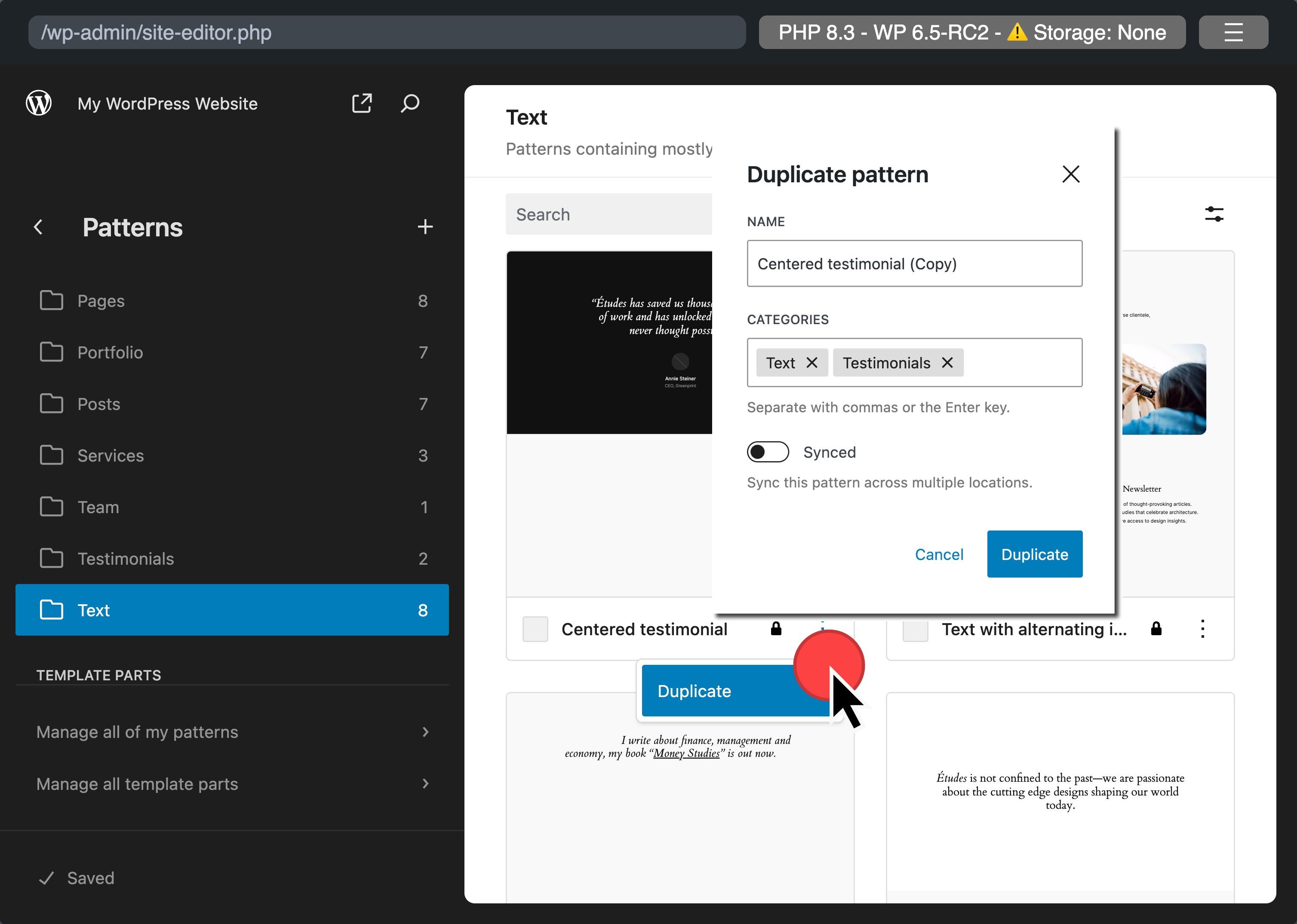 Dupliate patterns in WordPress 6.5