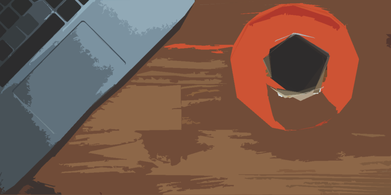 An illustration depicts a desk and cup of coffee