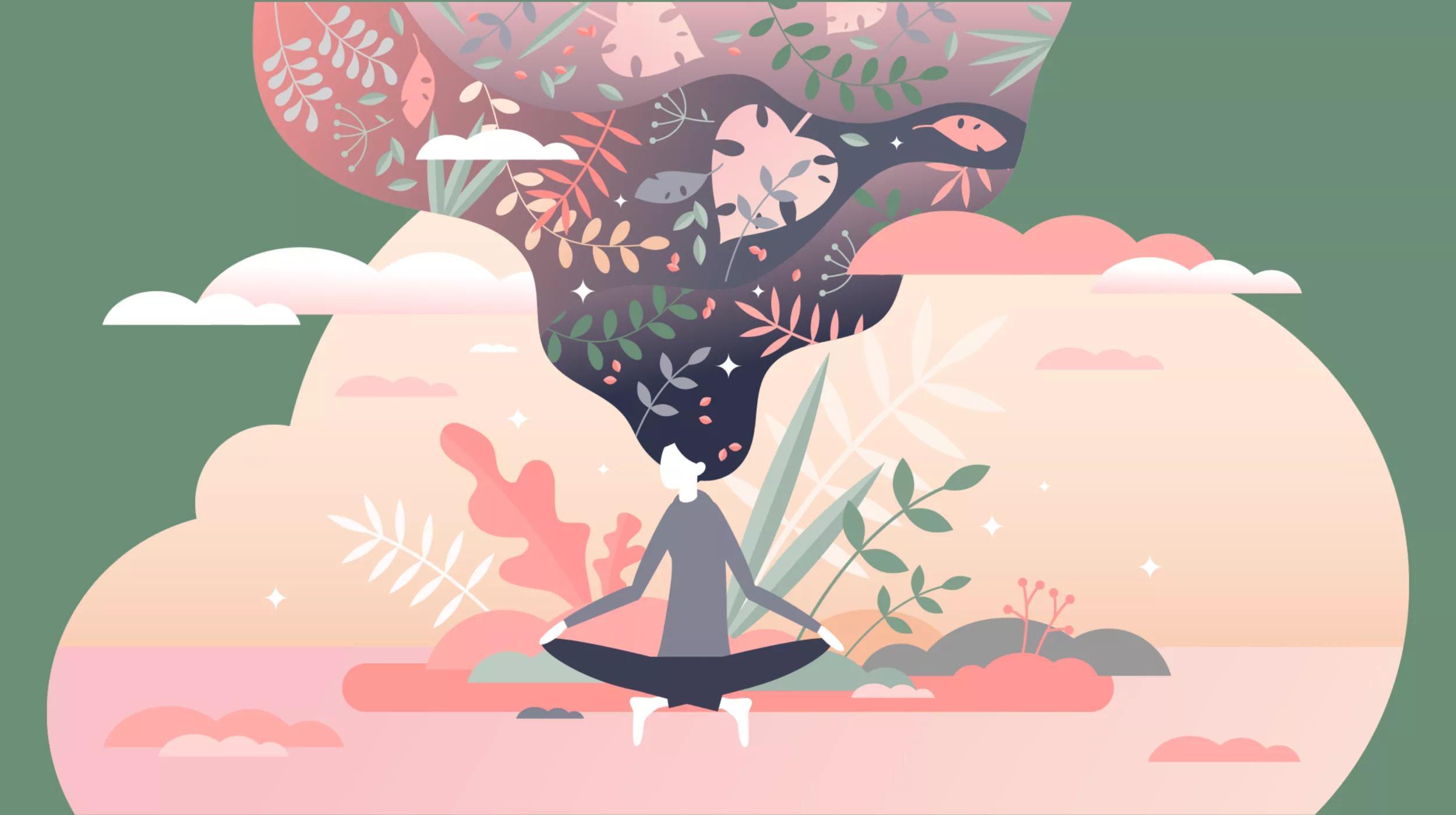 A stylized illustration of a person meditating in a peaceful natural setting. The person is seated cross-legged at the center of the image, surrounded by plants, under a swirling sky filled with flora and fauna that transitions from day to night. The calming pastel color palette suggests tranquility and connection with nature.