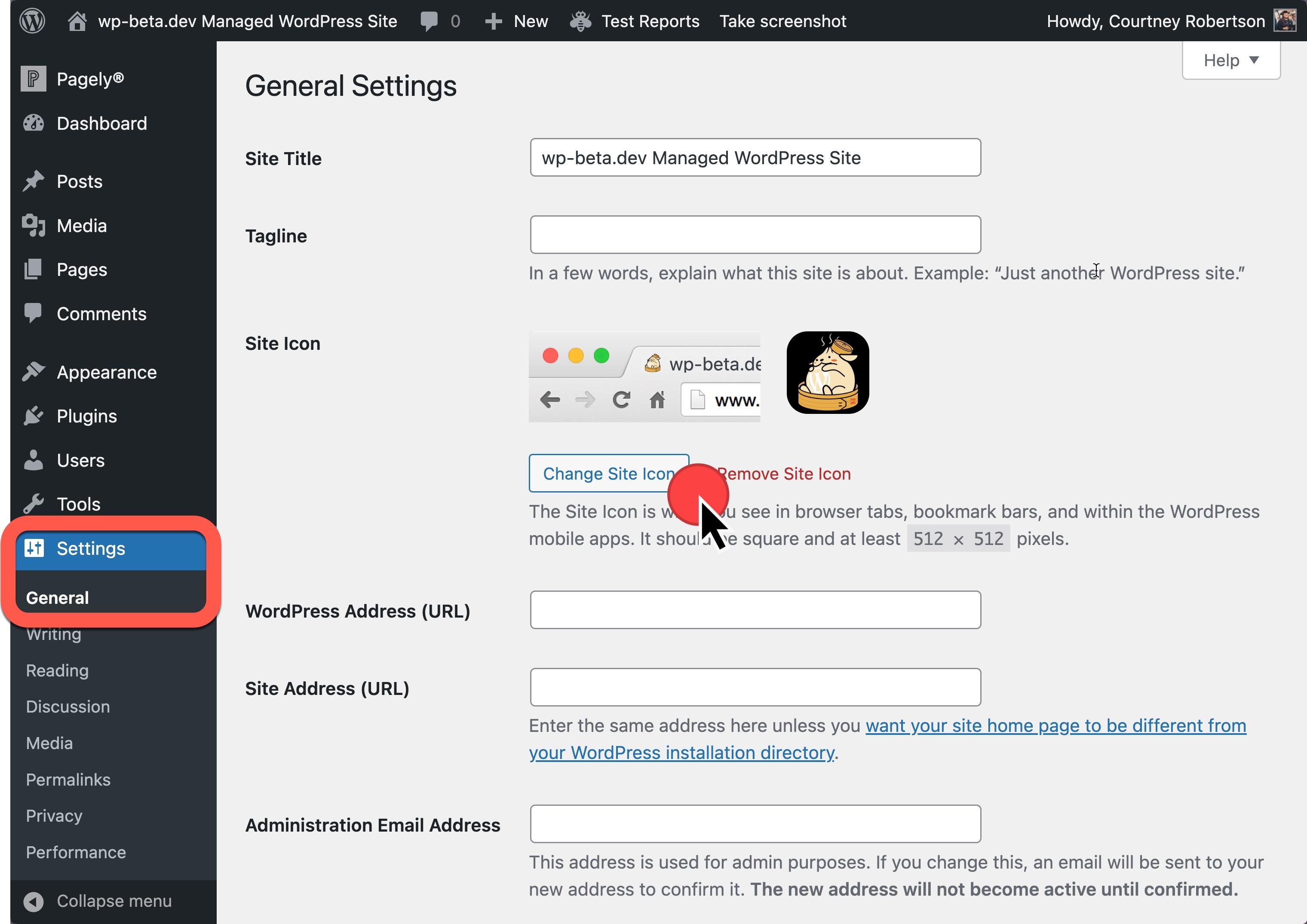 Settings, General, Upload Site Icon