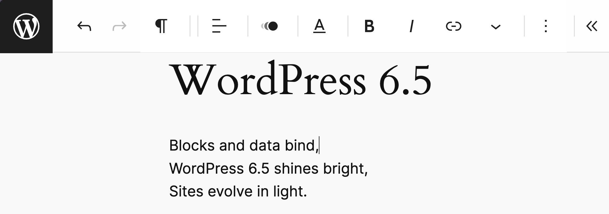 WordPress 6.5 Distraction Free Mode enabled, demonstrating the top toolbar.