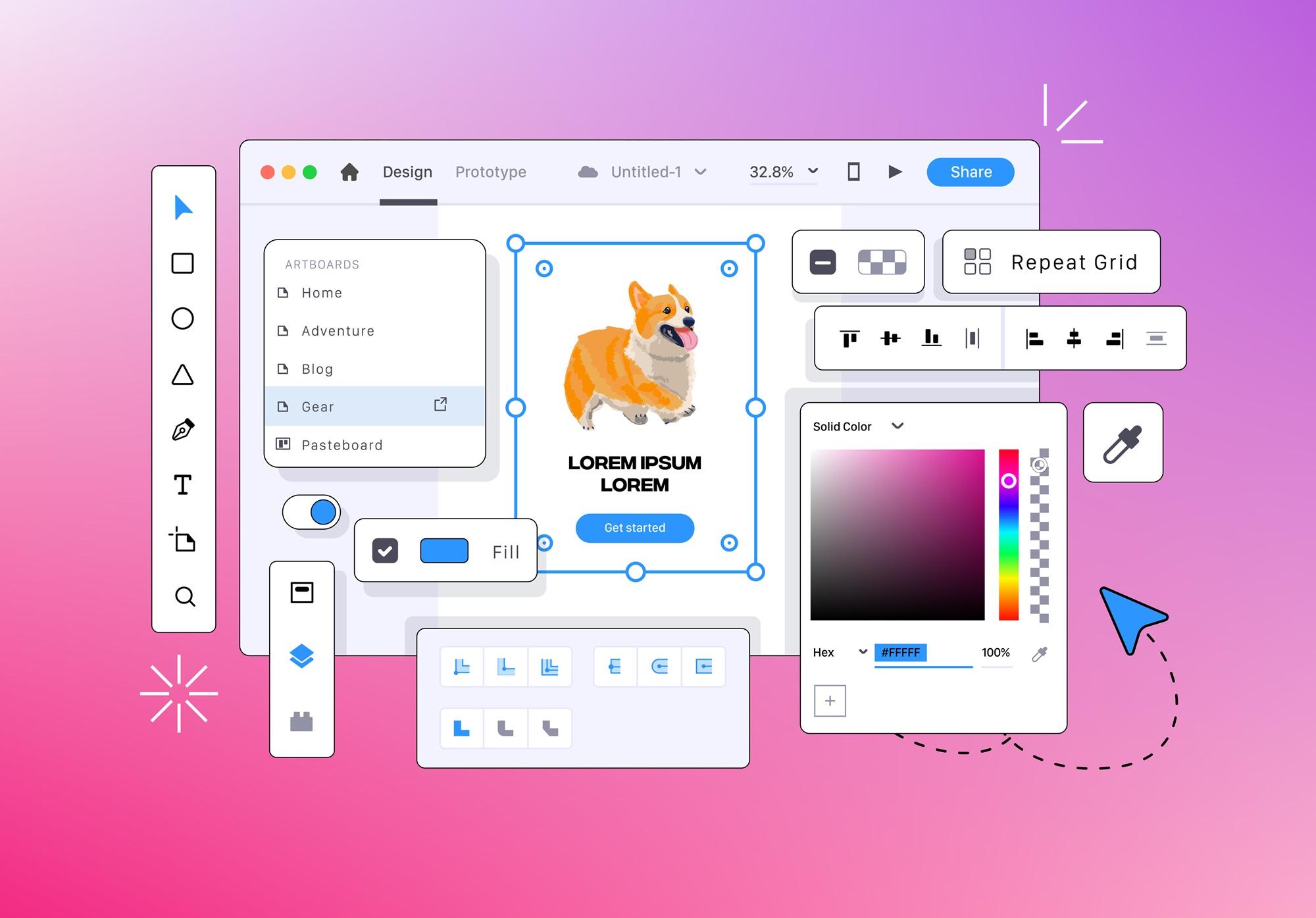 A colorful graphic of a user interface design program displaying a work in progress. The central area features a selected image of a cartoon corgi dog with surrounding text placeholders, within a layout editing window. Various design tools and panels, such as layers, text options, and color palettes, are visible around the workspace, illustrating the design process in a stylized and simplified manner against a gradient pink and purple background.