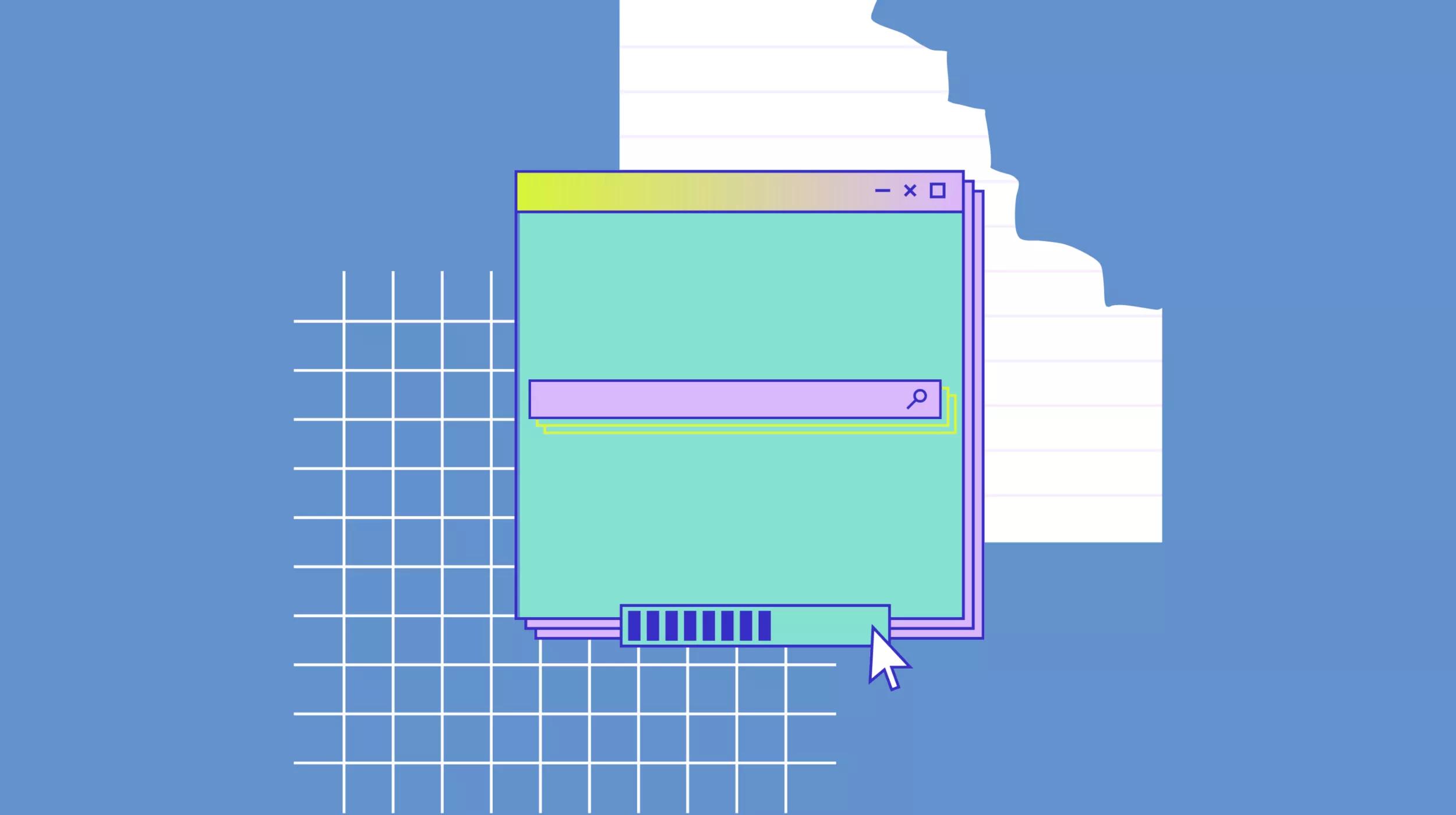 An illustration of a stylized graphical user interface window with a retro aesthetic on a blue background. The window is light green with a purple border and has a classic window control bar with minimize, maximize, and close buttons at the top. Inside the window is a search bar with a magnifying glass icon indicating a search function.