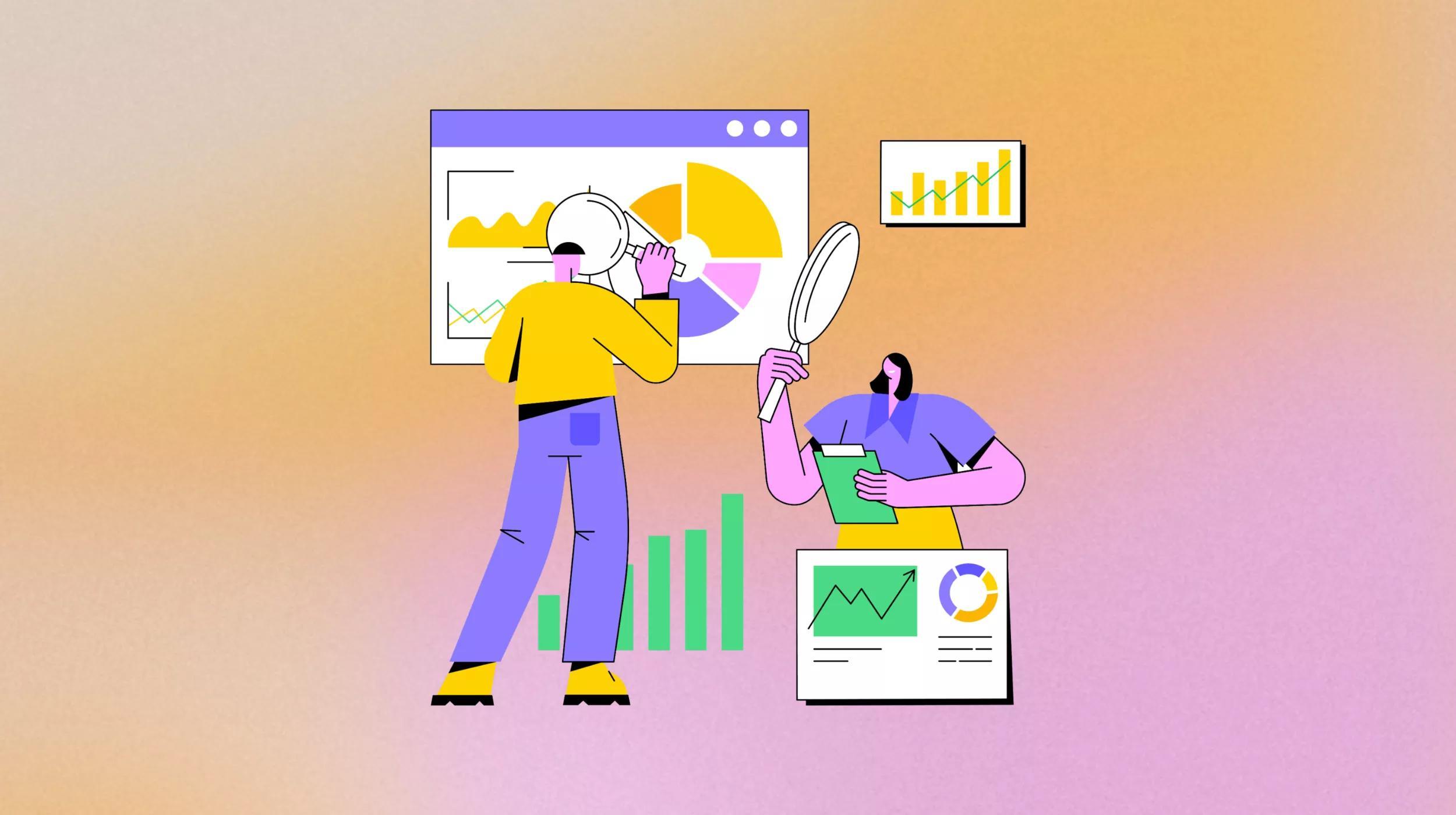 An illustration depicting two figures analyzing data. On the left, a person with a magnifying glass examines a large pie chart on a screen, while on the right, another person holds a clipboard and looks through a magnifying glass, with bar graphs and a line chart in the foreground. The background features a gradient from peach to lavender.