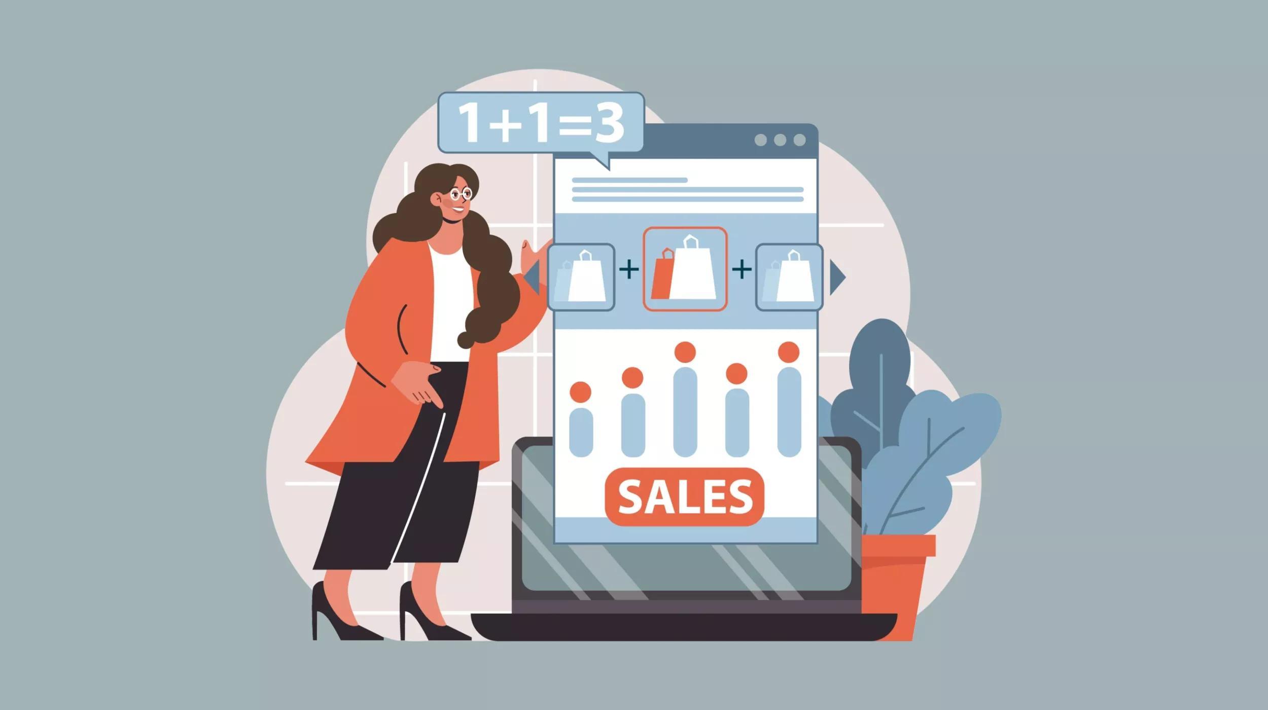 Illustration of a woman standing next to a giant smartphone displaying a shopping website with a sales graph and shopping bags. The screen shows a "1+1=3" offer above the sales graph, indicating a promotional deal.