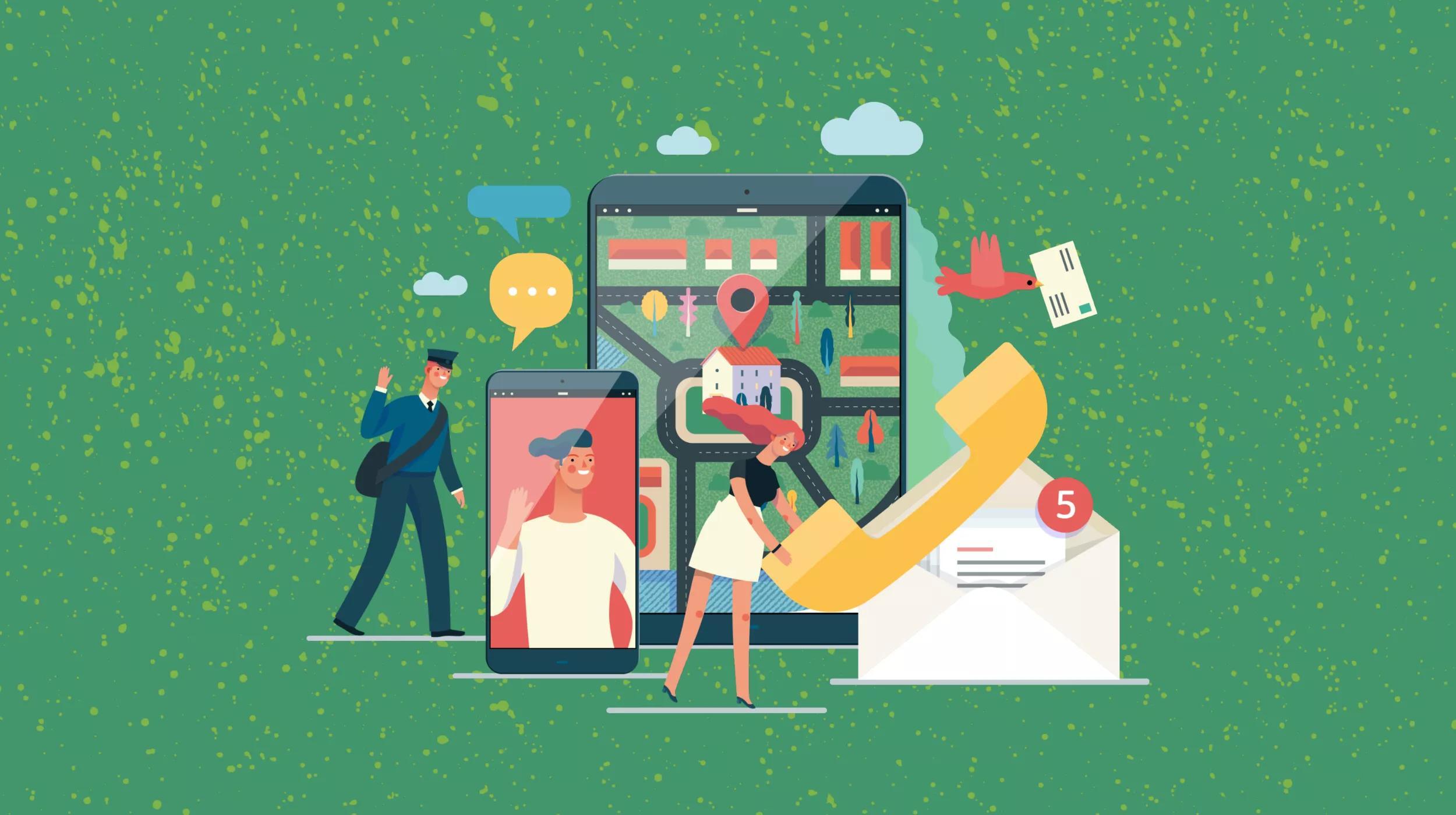 Illustration of a digital communication concept featuring oversized smartphones and a tablet displaying different apps. On the left, a man in a suit is waving from a smartphone screen, with speech bubbles indicating a conversation. The center smartphone shows a woman in a video call, and the tablet displays a map with a location pin. On the right, a hand extends from a smartphone, holding an envelope, while a bird carries an email icon away. The background is green with a dotted pattern, suggesting digital connectivity.
