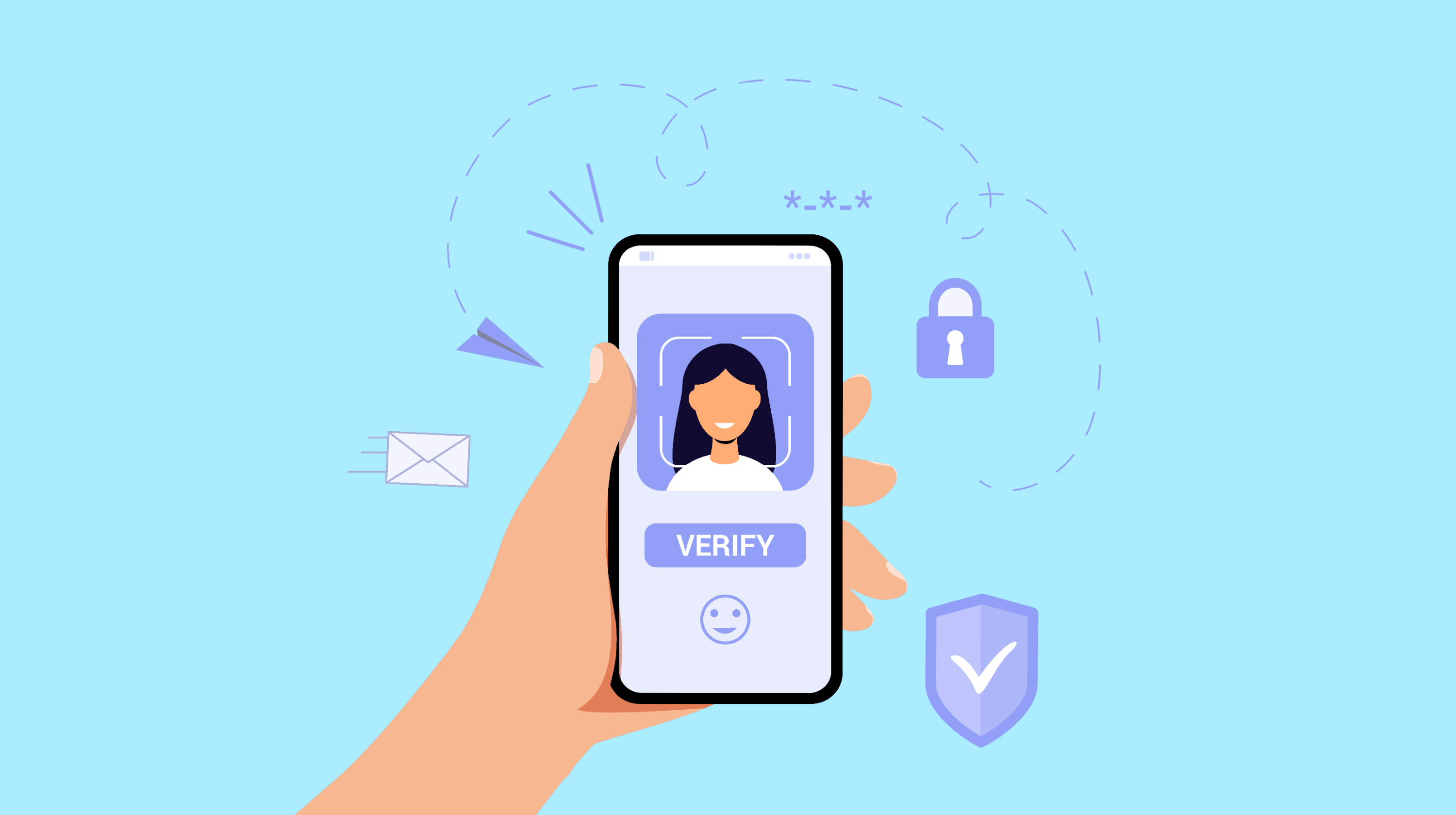 A hand holding a smartphone with a screen showing a facial recognition verification process. The phone displays a smiling animated female avatar with the word "VERIFY" below it. Surrounding the phone are icons representing security, including a padlock, shield with a checkmark, and an envelope, all against a light blue background.