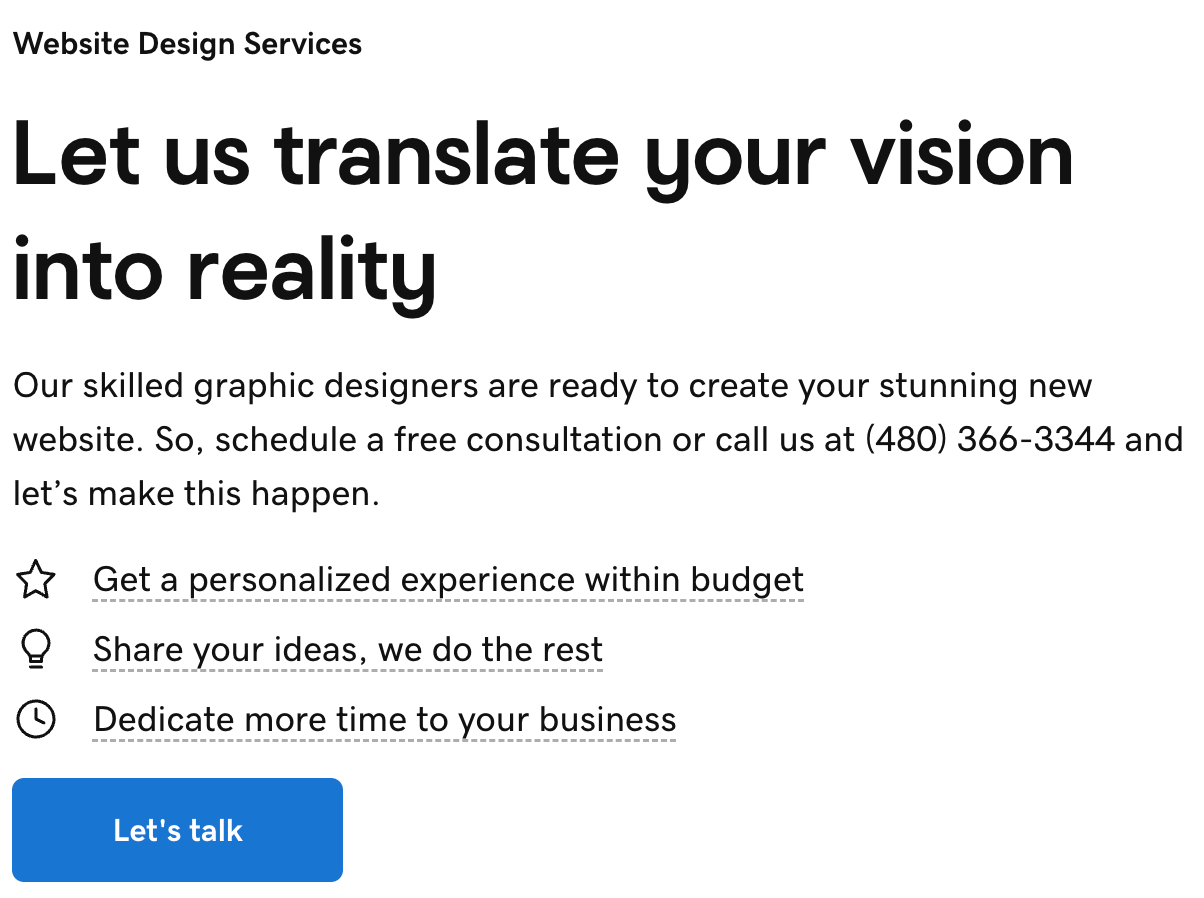 Screenshot of a strong call-to-action (CTA) by GoDaddy helps key buttons stand out for website visitors.