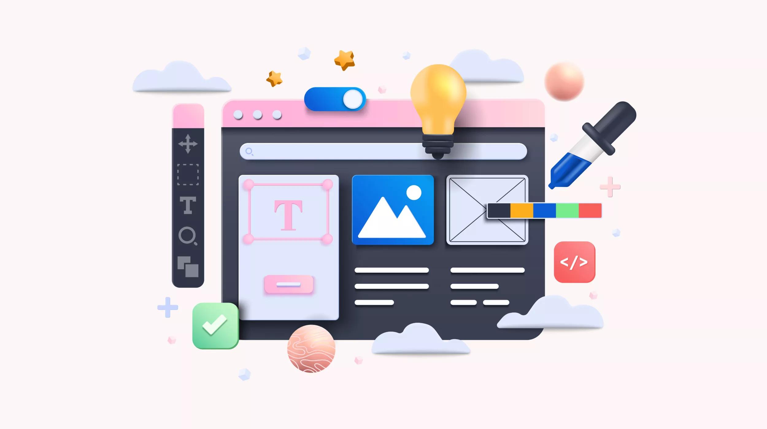 A stylized graphic representing web design and graphic editing tools with a modern interface. Featured elements include a toolbar with design icons, a browser window with placeholder text and images, a dropper tool, a lightbulb, and various floating geometric shapes and clouds, suggesting a creative and digital workspace.