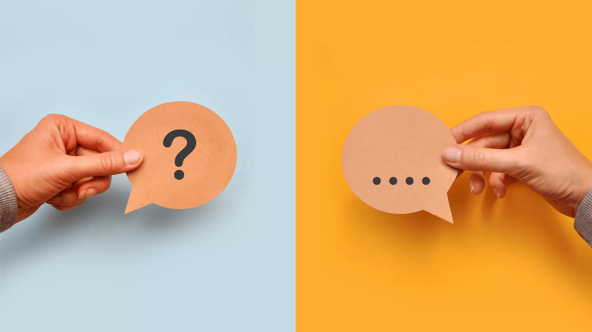 Image showing a split background in blue and yellow with two hands each holding a paper speech bubble; one with a question mark symbolizing inquiry and the other with ellipsis indicating a response or continuation of a conversation.