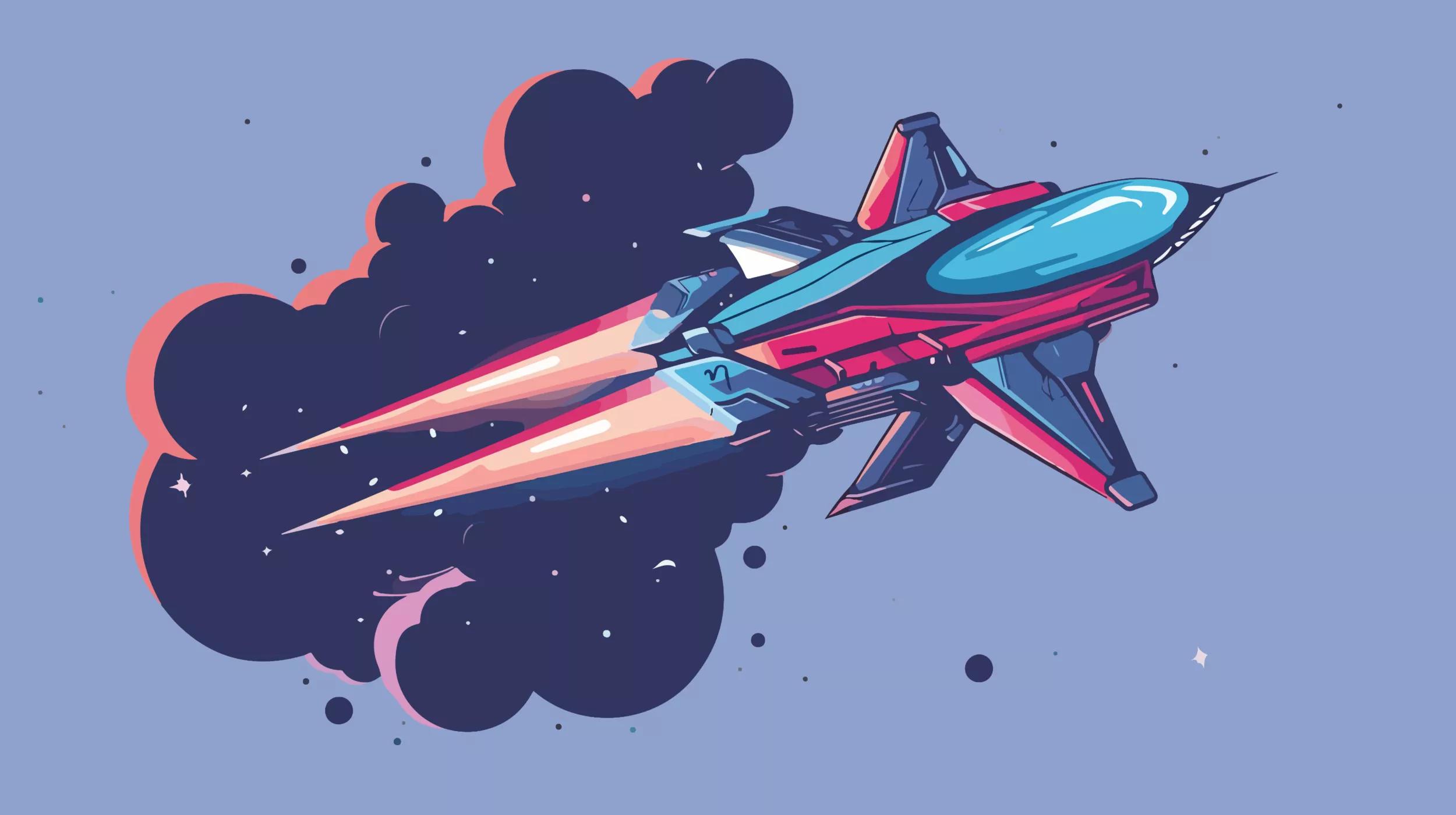 A stylized illustration of a sleek, futuristic spaceship with a dynamic design, featuring a mix of pink, blue, and red colors, blasting off at high speed leaving a trail of dark smoke and fiery orange glows against a starry twilight background.