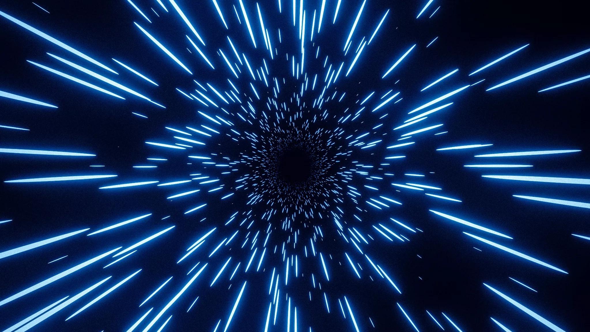 A digital illustration of a blue hyperspace tunnel with streaks of light speeding towards a central vanishing point on a dark background, giving a sense of motion through space.