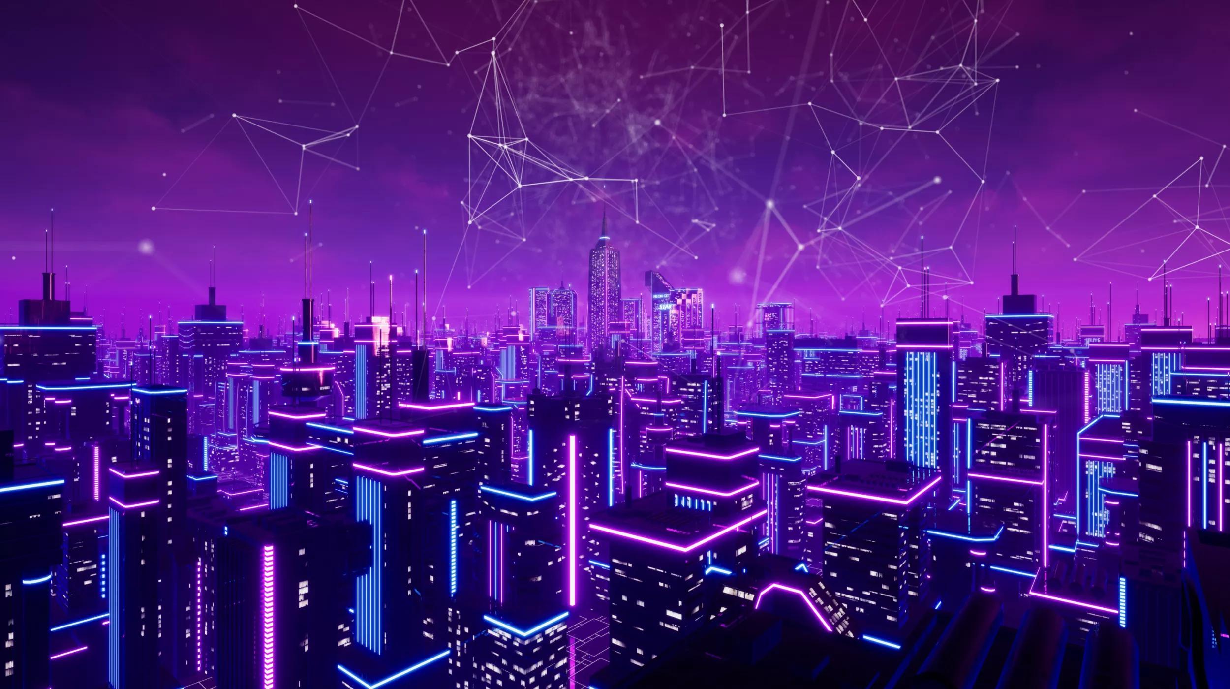 A futuristic cityscape at night with neon purple and blue lights outlining the buildings. The sky is filled with abstract digital connections forming geometric patterns, suggesting a high-tech, interconnected urban environment. The atmosphere is vibrant yet otherworldly.