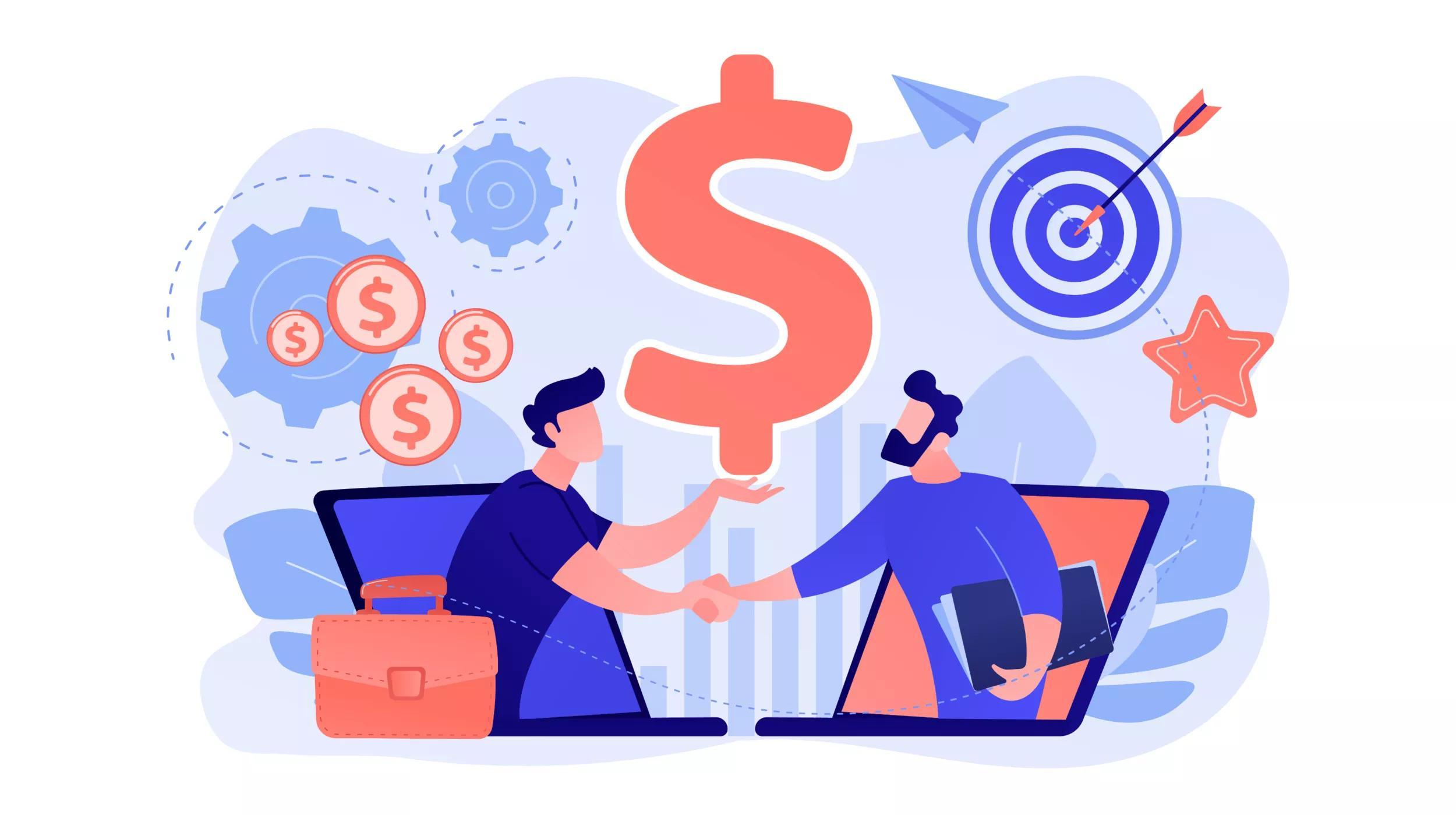 Illustration of two people shaking hands, each emerging from a laptop screen. Above them is a large dollar sign symbolizing financial transaction or business agreement. Surrounding elements include gears, dollar coins, a briefcase, a target with an arrow in the center, and a star, representing various aspects of business, finance, and success.
