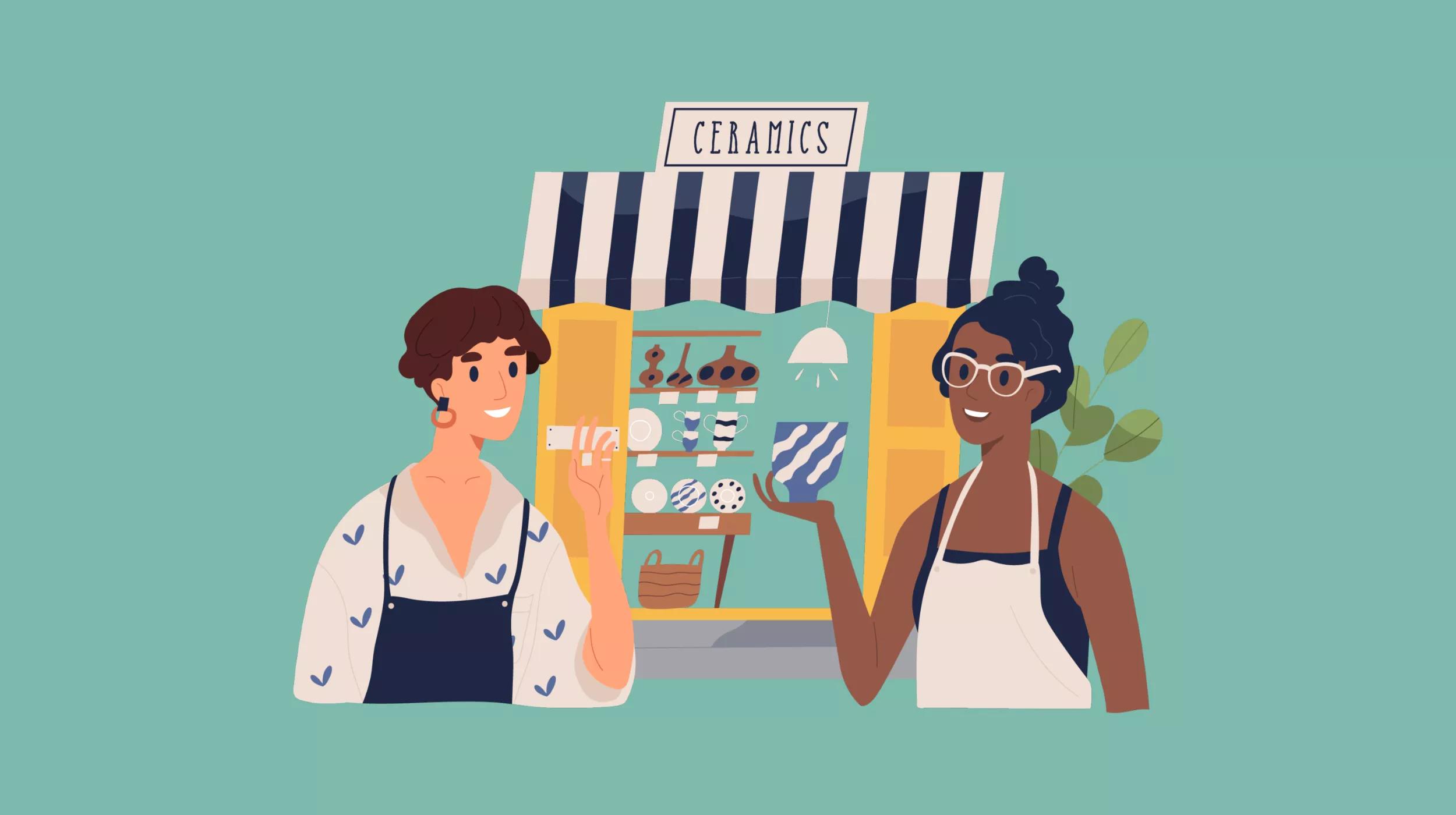 An illustration of two women at a ceramics stall with a striped awning. On the left, a woman with short hair and earrings is waving her hand, and on the right, a woman wearing glasses and an apron presents a patterned mug. The stall displays various ceramic items on shelves behind them, under a sign that reads "CERAMICS.