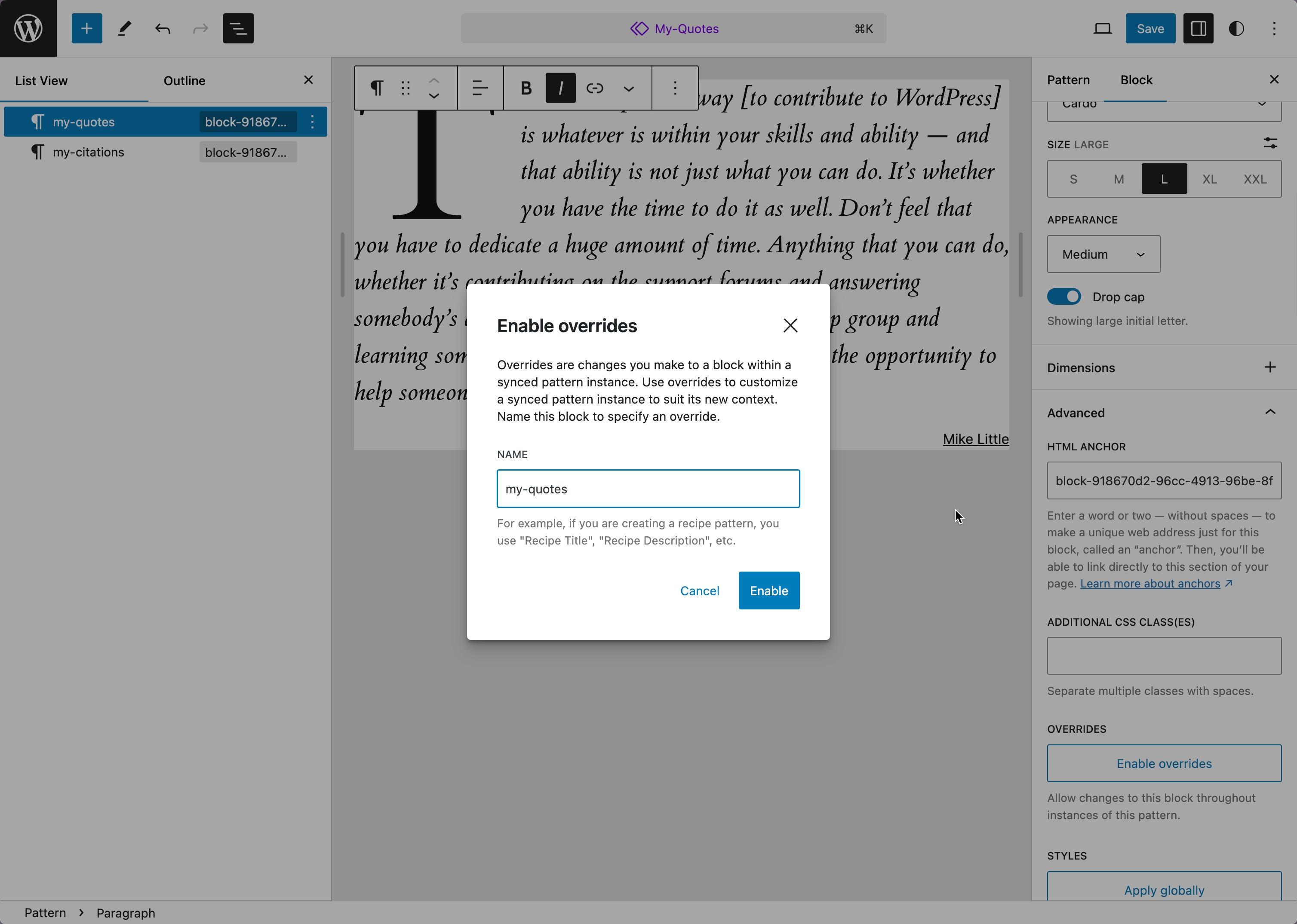 A custom pattern containing text and a citation sits below a modal to name the area that can be overridden