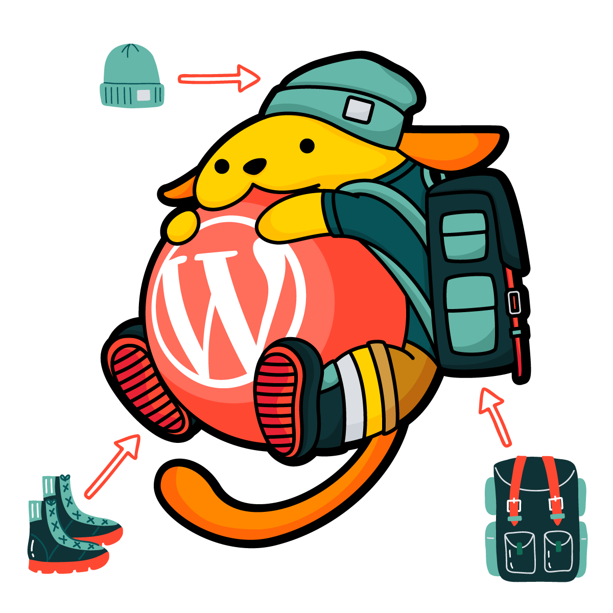 Evergreen Wapuu, the official mascot for WordCamp US 2024, depicted as a cute, yellow Wapuu character wearing a green beanie, green backpack, and hiking boots. Wapuu is hugging a large red ball with the WordPress logo, with arrows pointing to the beanie, boots, and backpack.