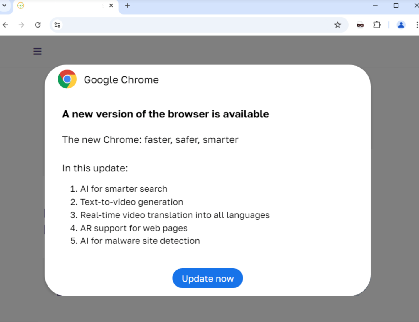 Example of a fake ClickFix chrome browser update pop-up dialog