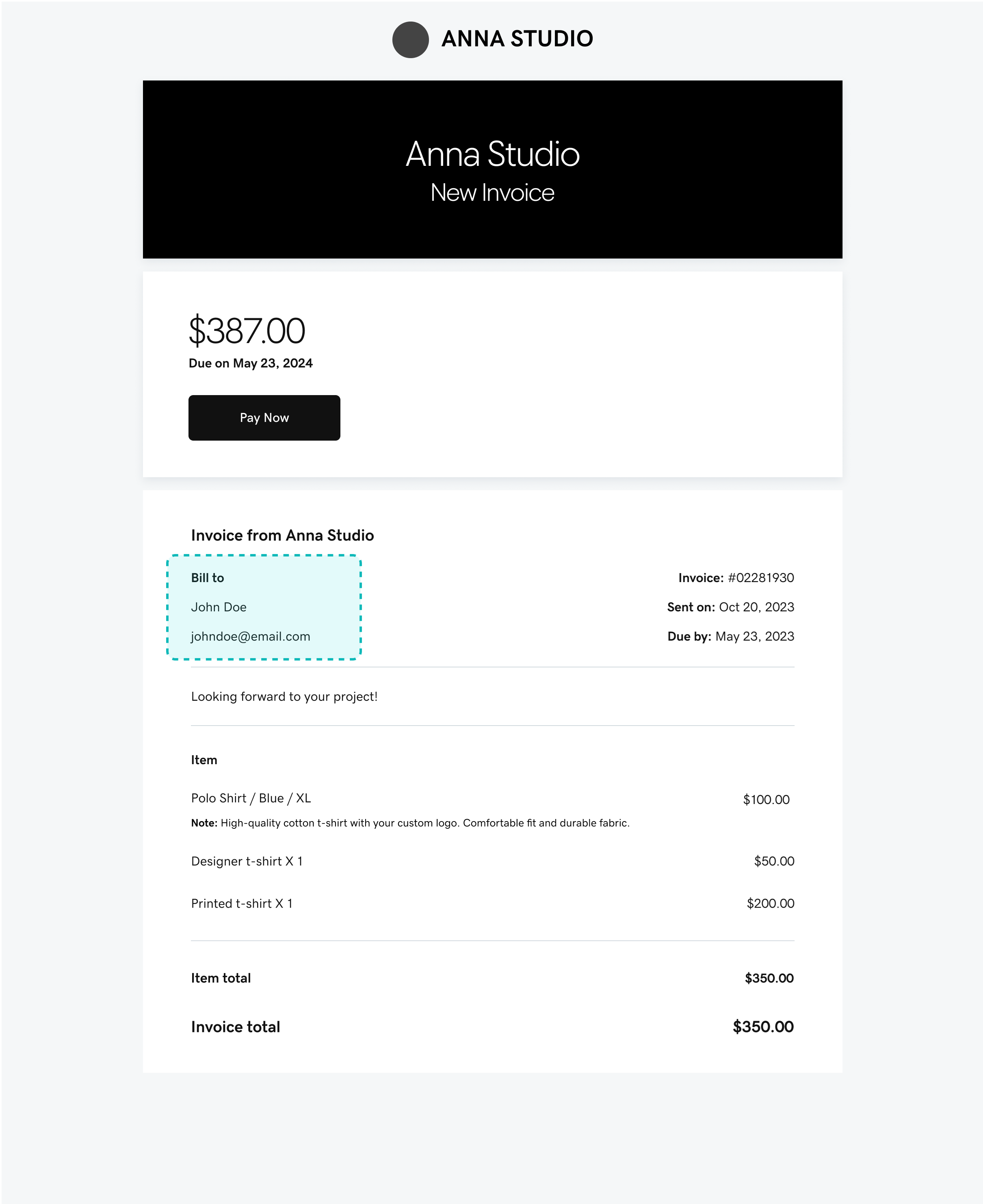 A Screenshot Displays an Invoice with the Business Name Highlighted