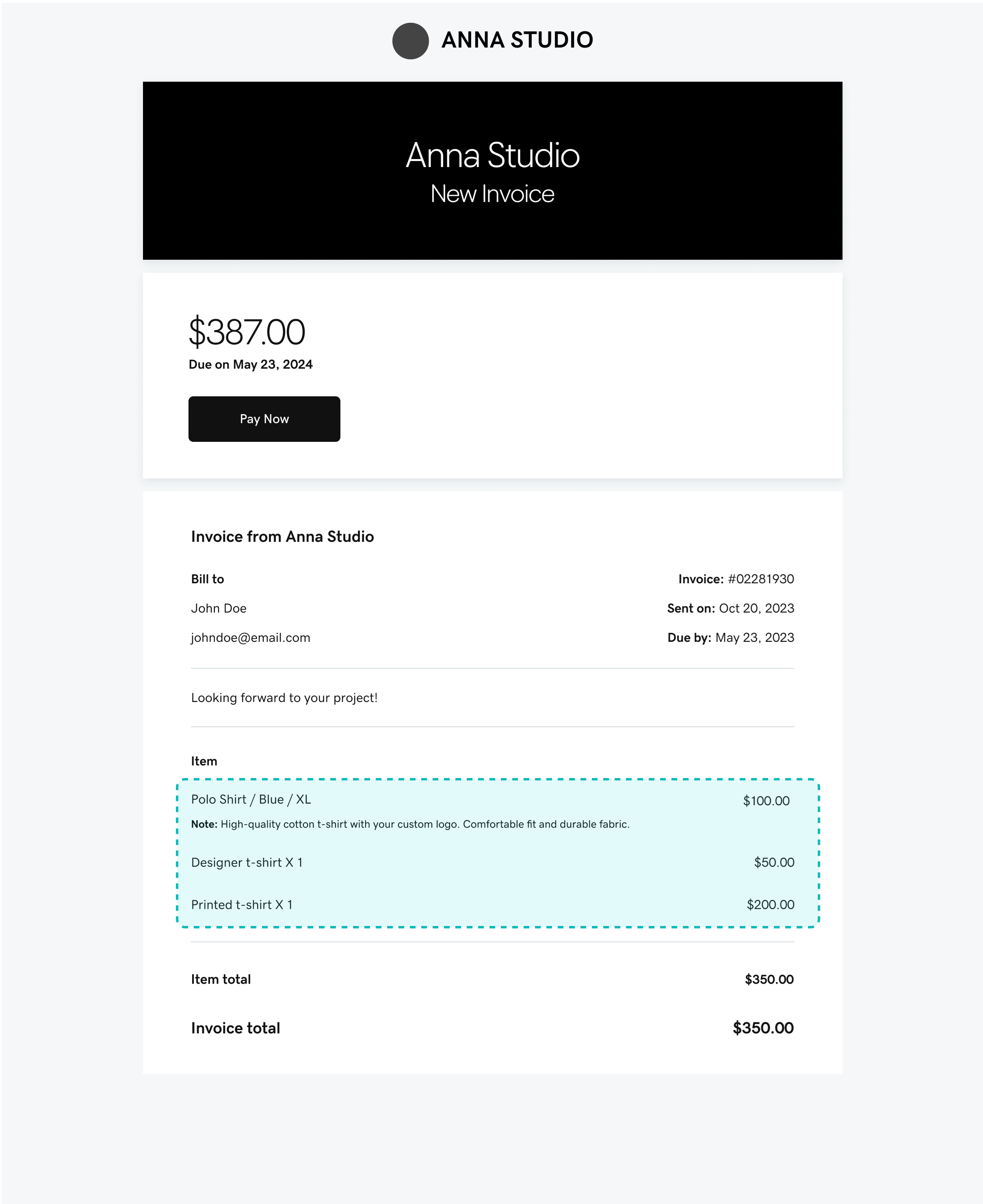 A Screenshot Displays an Invoice with the Item DetailsHighlighted.