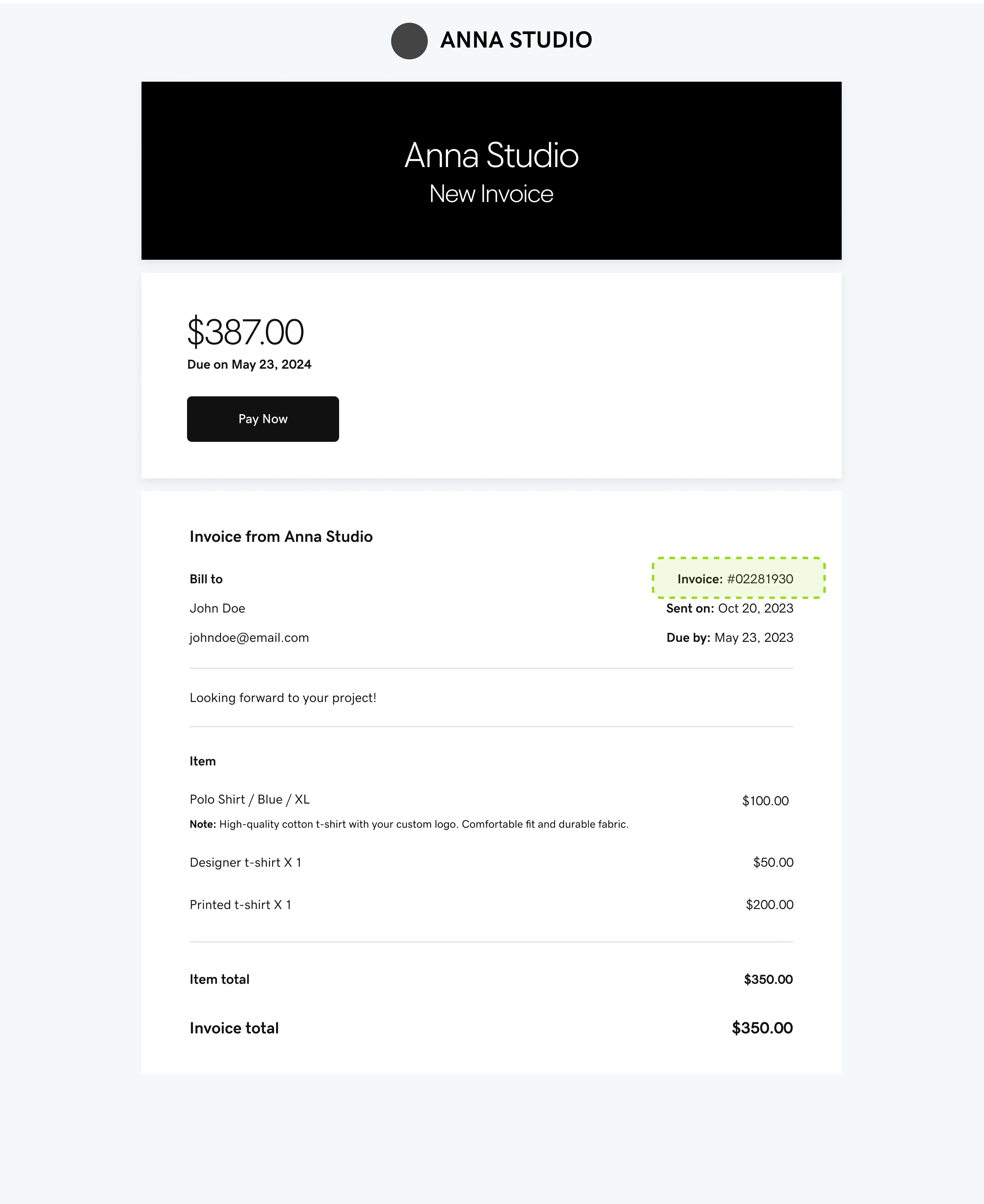 A Screenshot Displays an Invoice with the Invoice Number Highlighted