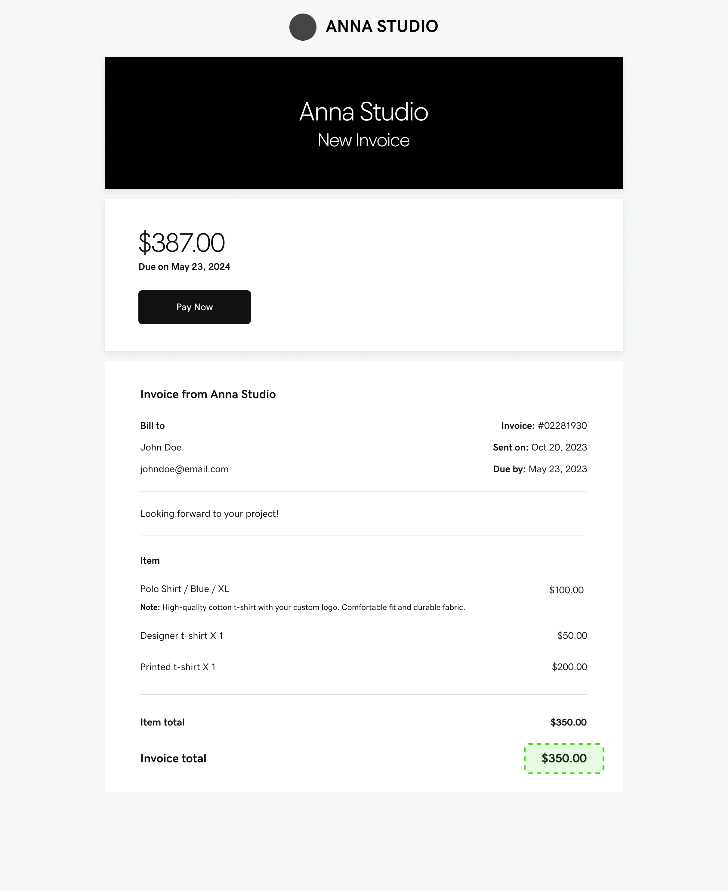 A Screenshot Displays an Invoice with the Total Amount Highlighted.