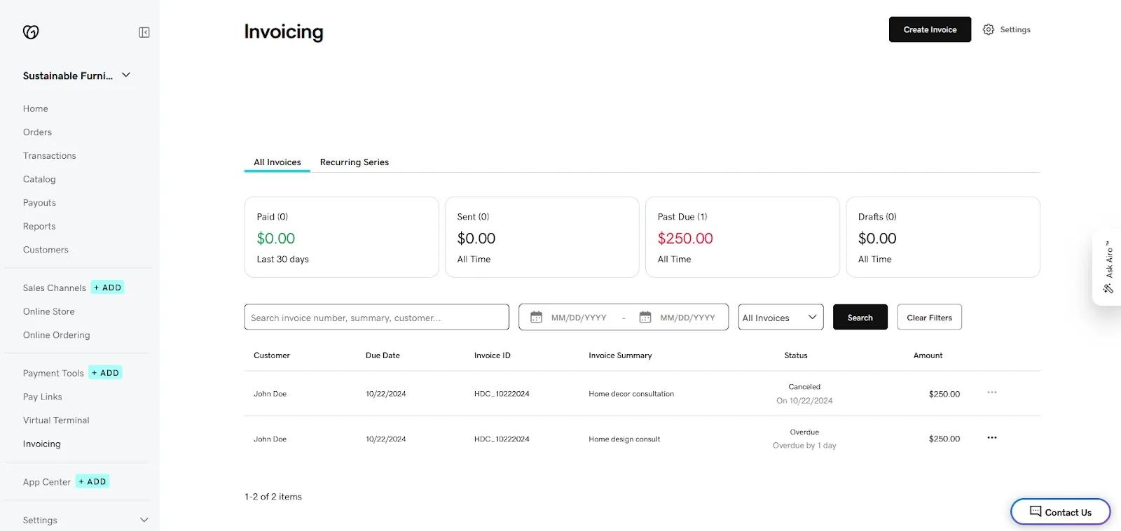 Screenshot of GoDaddy Invoicing dashboard