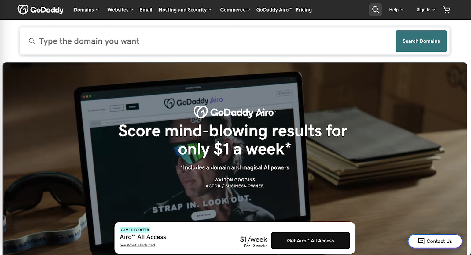 GoDaddy.com promotion for GoDaddy Airo titled, "Score mind-blowing results for only $1 a week*" *Includes a domain and magical AI powers