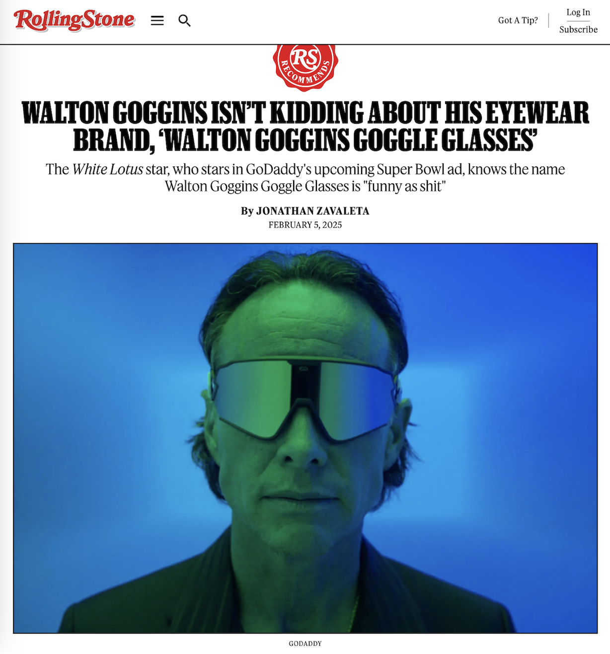 Rolling Stone article titled, "Walton Goggins Isn't Kidding About His Eyewear Brand, Walton Goggins Goggle Glasses"