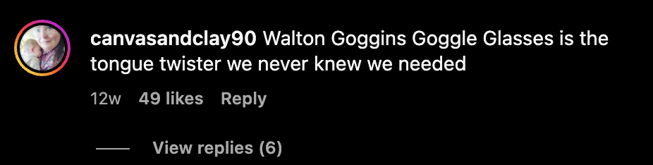 Instagram comment reading "Walton Goggins Goggle Classes is the tongue twister we never knew we needed"