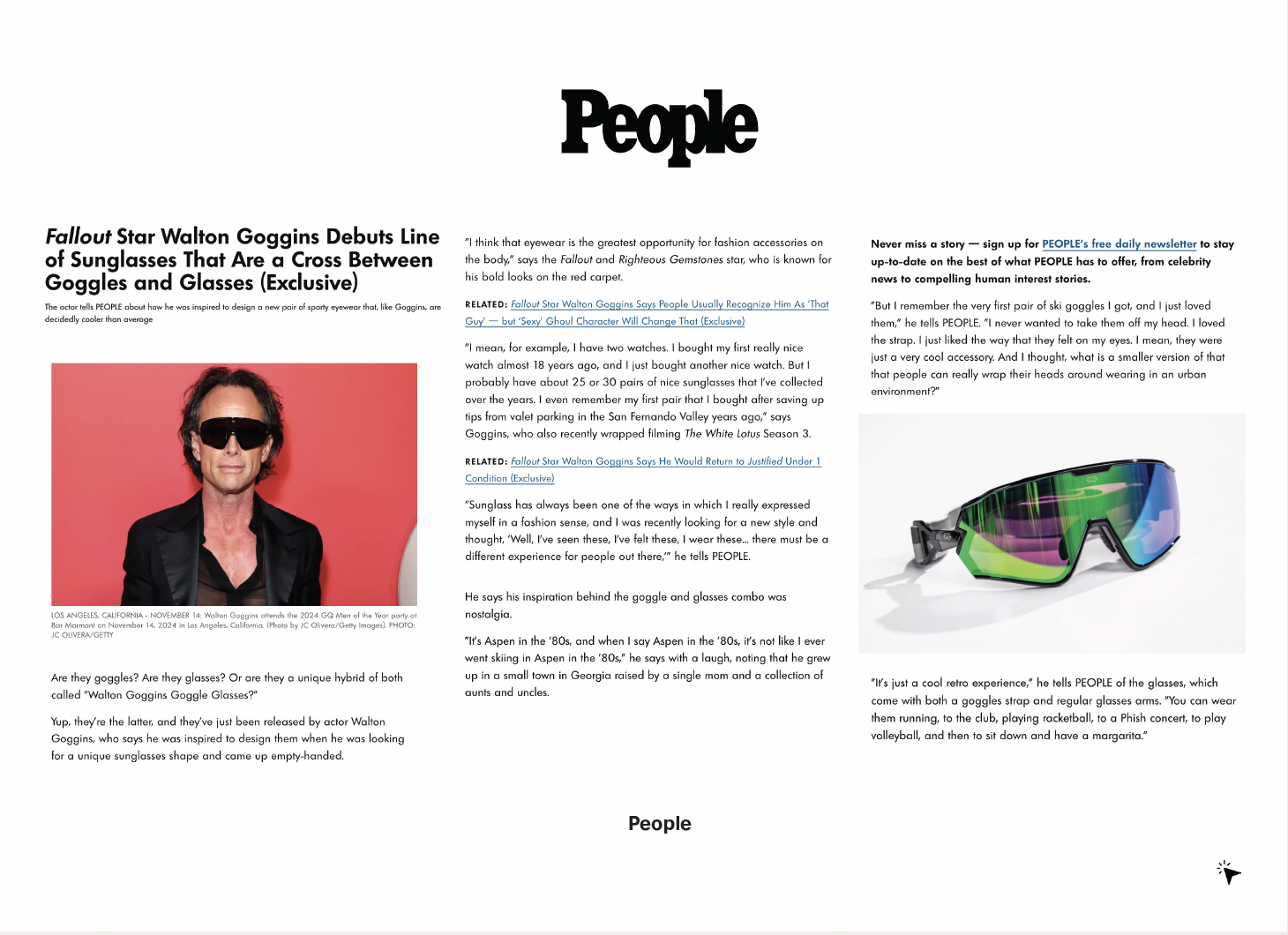 People magazine article titled, "Fallout Star Walton Goggins Debuts Line of Sunglasses That Are a Cross Between Goggles and Glasses"