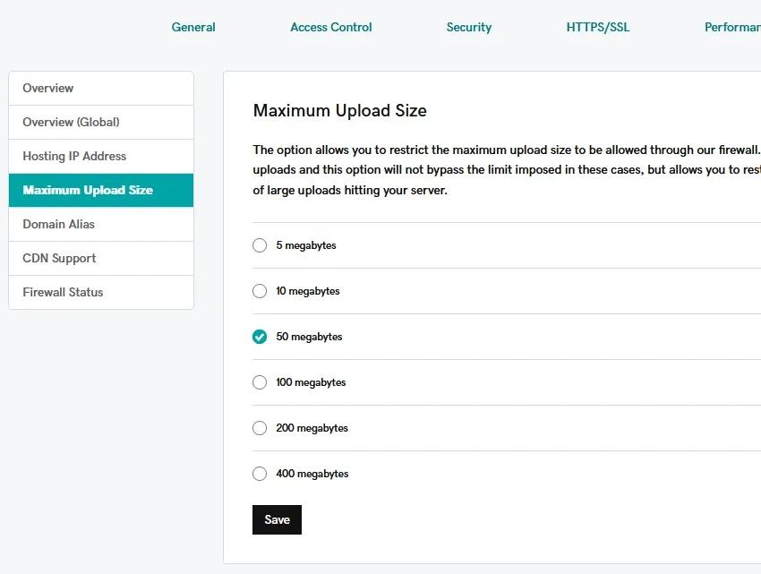 Define the maximum upload file size to your website screenshot