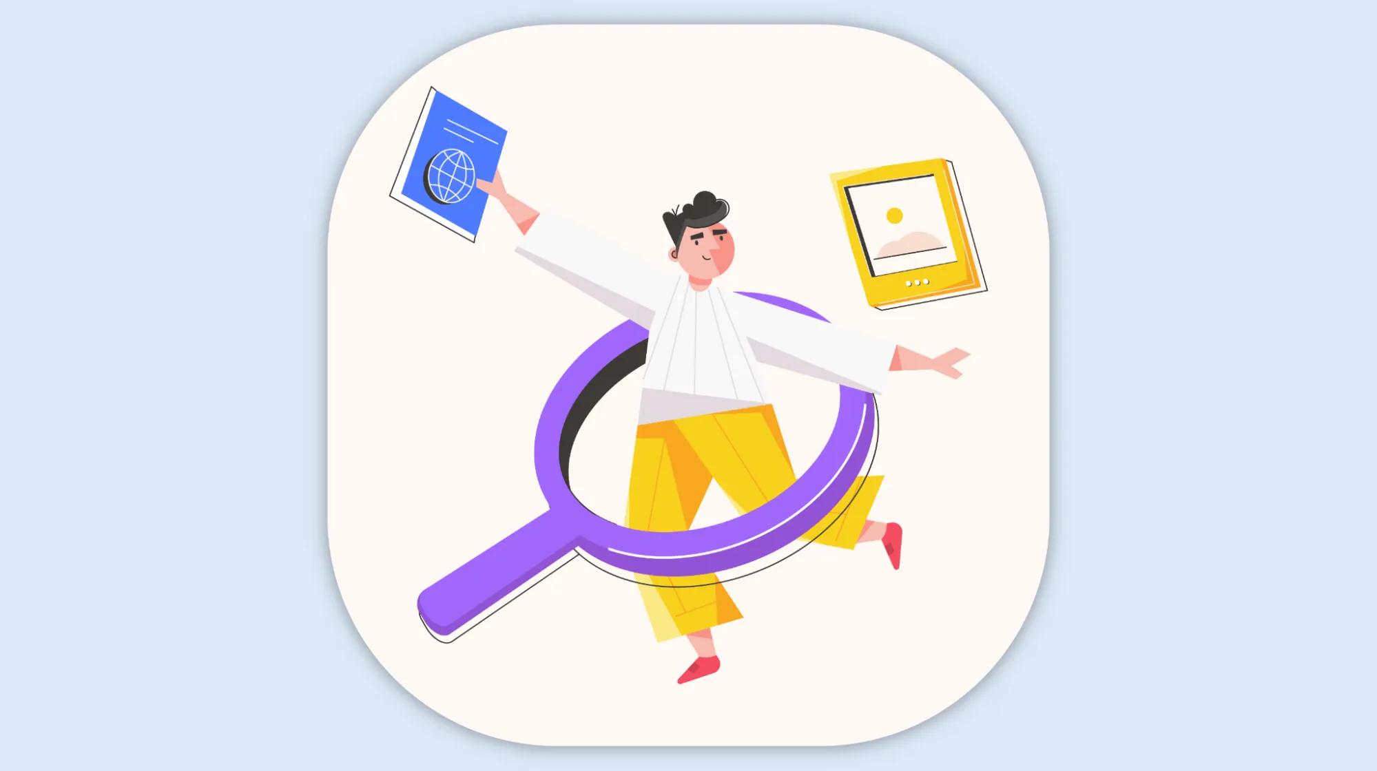 A stylized digital illustration of a person in a white shirt and yellow pants balancing within a large purple magnifying glass. They hold a blue book with a globe icon in one hand and a yellow tablet displaying an image in the other. The background is light beige with rounded corners, creating a modern and minimalistic design.